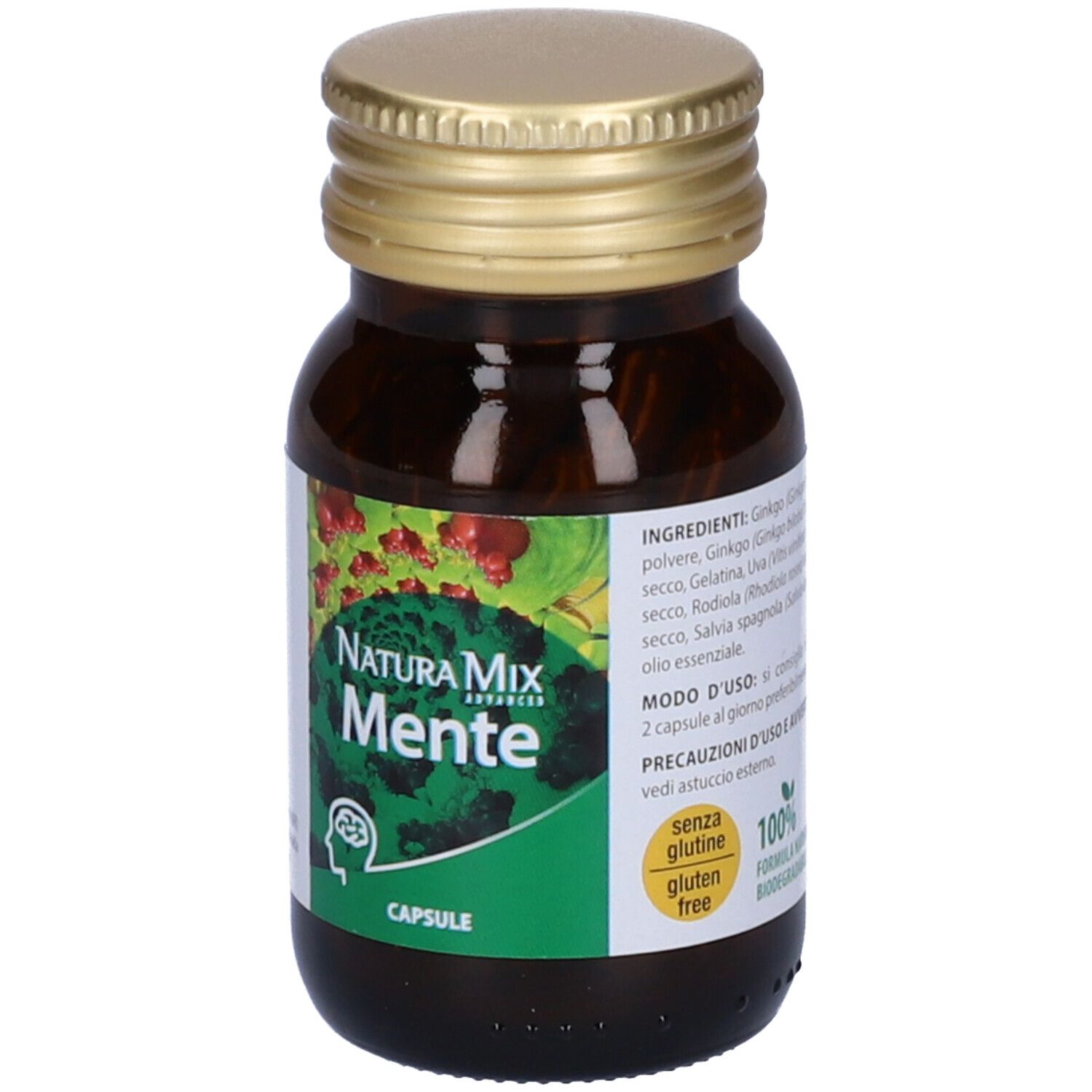 Flacone di vetro marrone con tappo dorato. Capsule Natura Mix Mente. Testo: Capsule, senza glutine. 25 g.