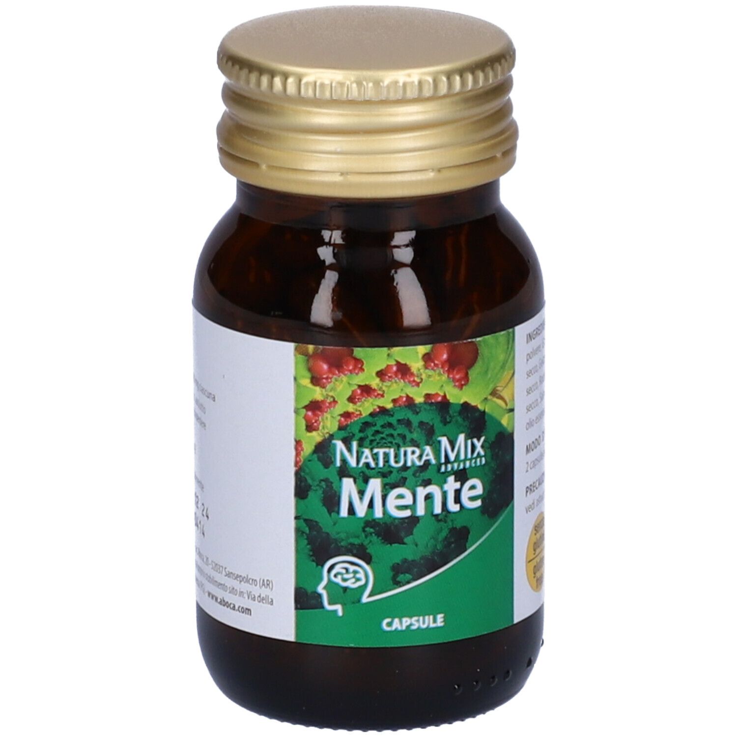 Flacone di vetro marrone con tappo dorato. Capsule Natura Mix Mente. Testo: Capsule, senza glutine. 25 g.