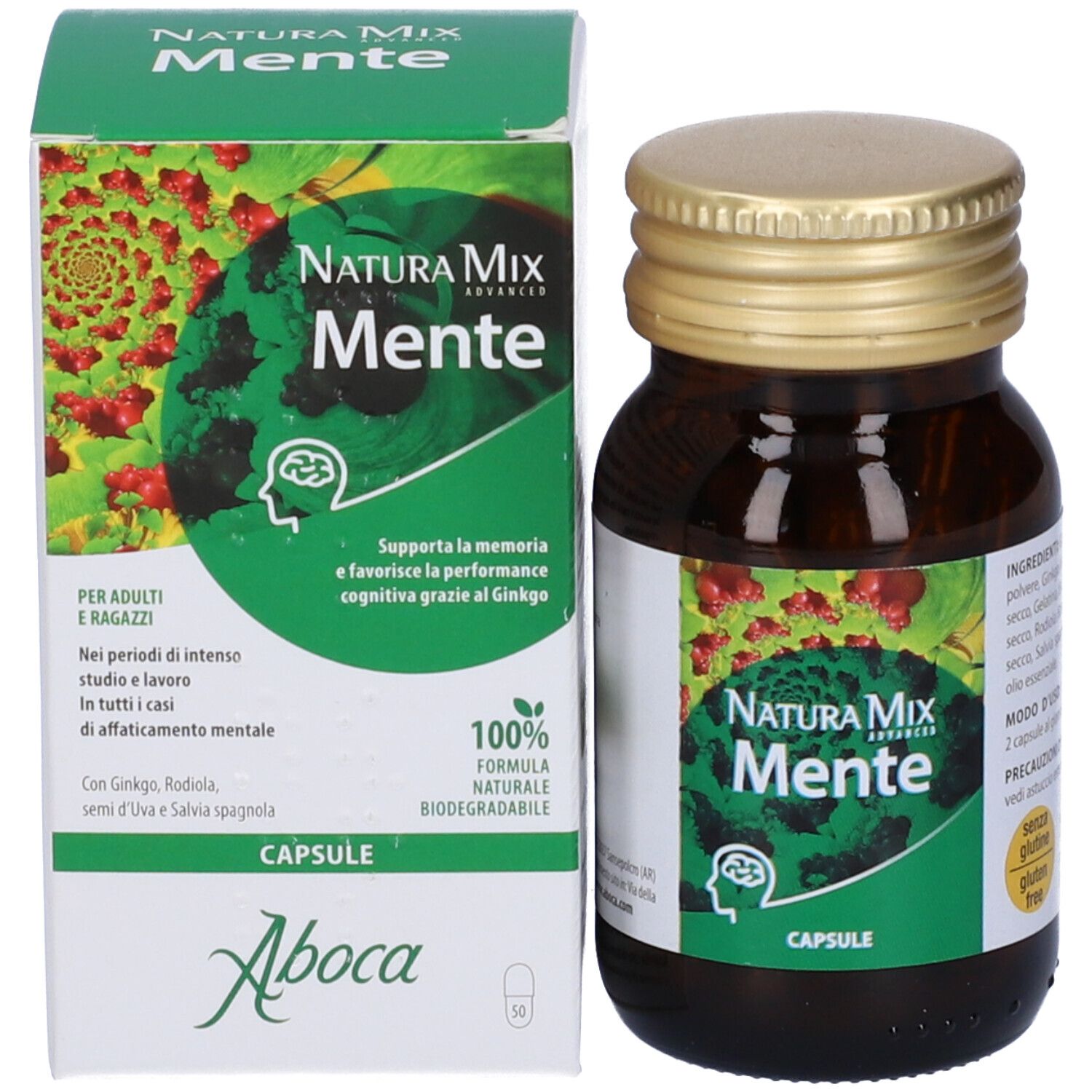 Capsule e scatola Aboca Natura Mix Mente. Flacone marrone, scatola verde. Testo: Mente, Capsule. 100% naturale.
