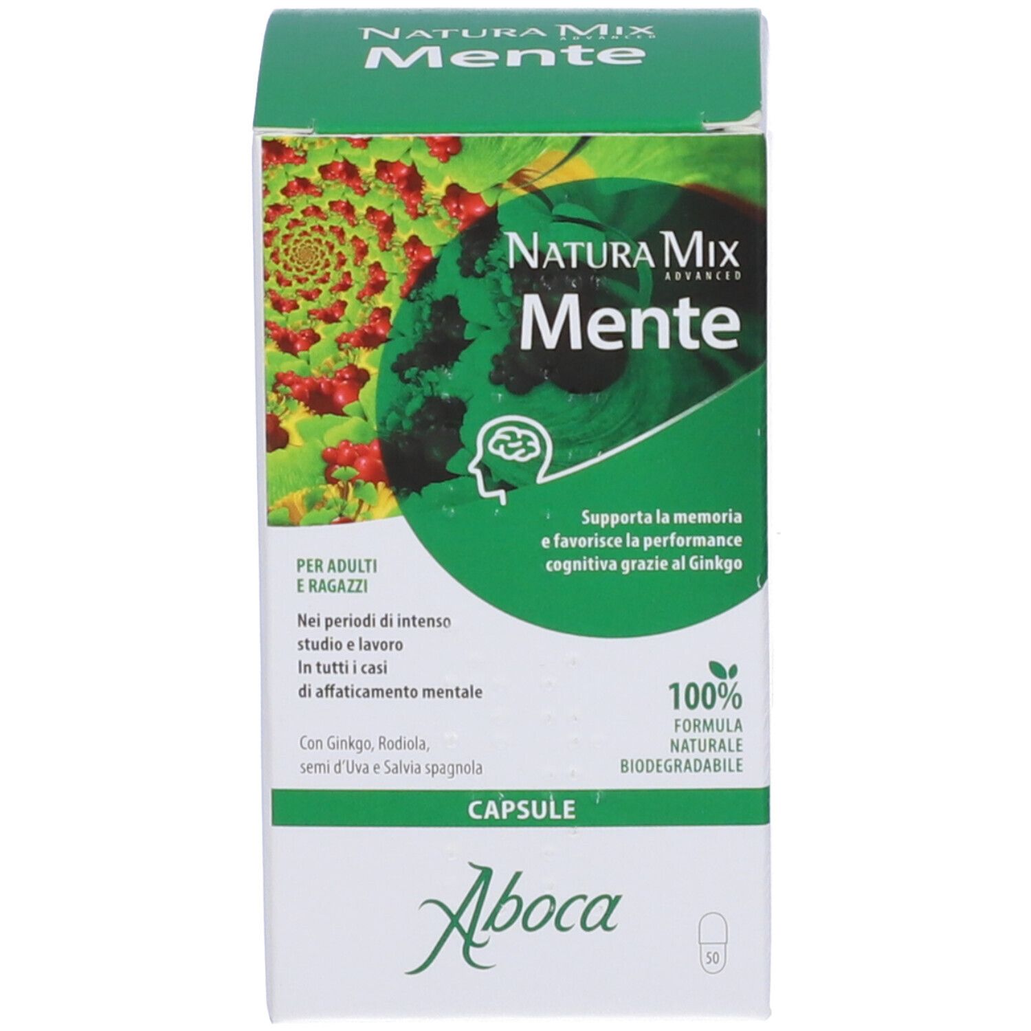 Scatola Aboca Natura Mix Mente. Verde e bianca. Testo: Mente, Capsule. Formula naturale al 100%. Logo Aboca.