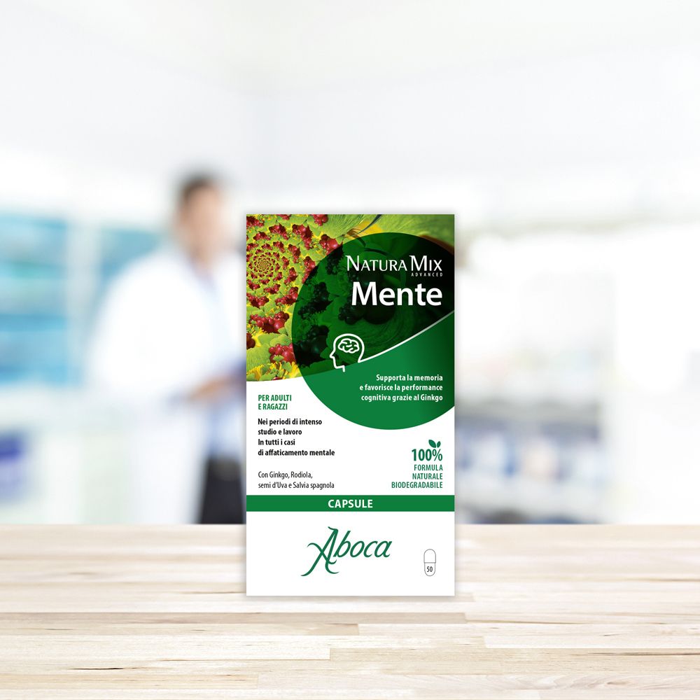 Scatola di capsule Aboca Natura Mix Mente. Verde e bianca. Testo: Mente, Capsule. Formula naturale al 100%. Logo Aboca.