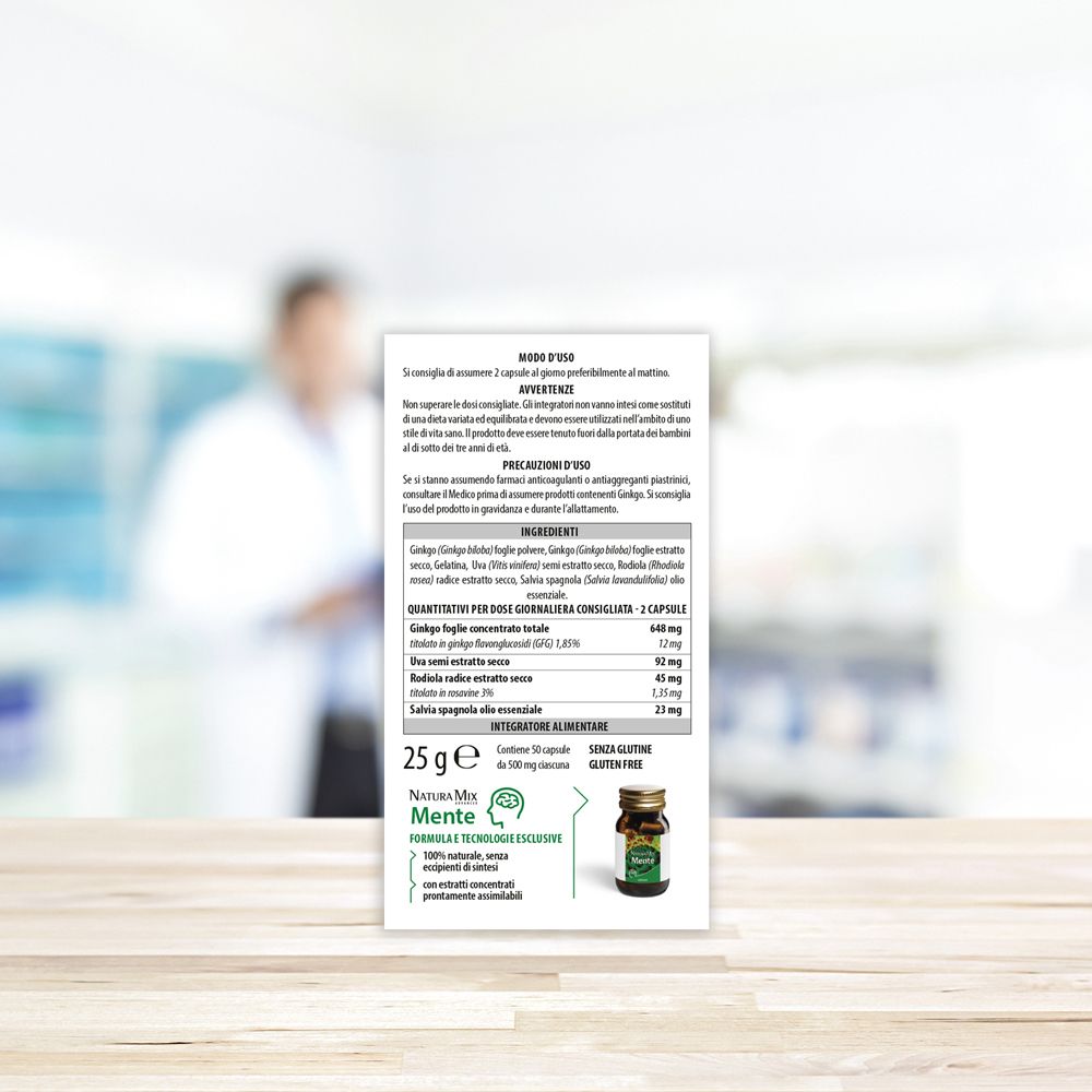 Retro della scatola di capsule Aboca Natura Mix Mente. Testo e ingredienti. 25 g. Senza glutine. 100% naturale.