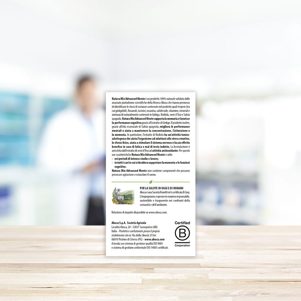 Retro della scatola di capsule Aboca Natura Mix Mente. Testo e ingredienti. 25 g. Senza glutine. 100% naturale.