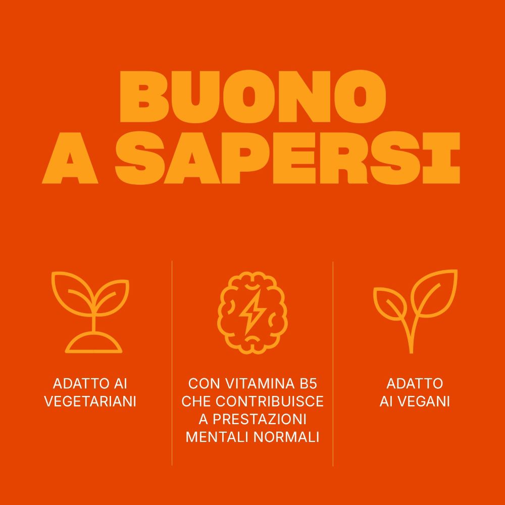 Sfondo arancione con testo: Buono a sapersi. Simboli per vegetariano, vitamina B5 e vegano.