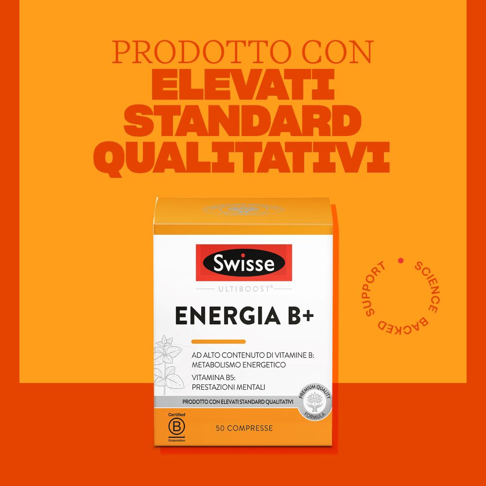 Confezione Swisse Energia B+. Bianca, arancione e rossa. Con testo: Prodotto con elevati standard qualitativi.