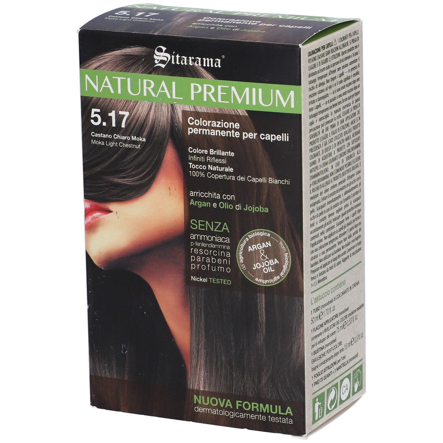 Scatola di colorazione per capelli. NATURAL PREMIUM 5.17 Castano Chiaro Moka. Contiene informazioni su ingredienti e caratteristiche.