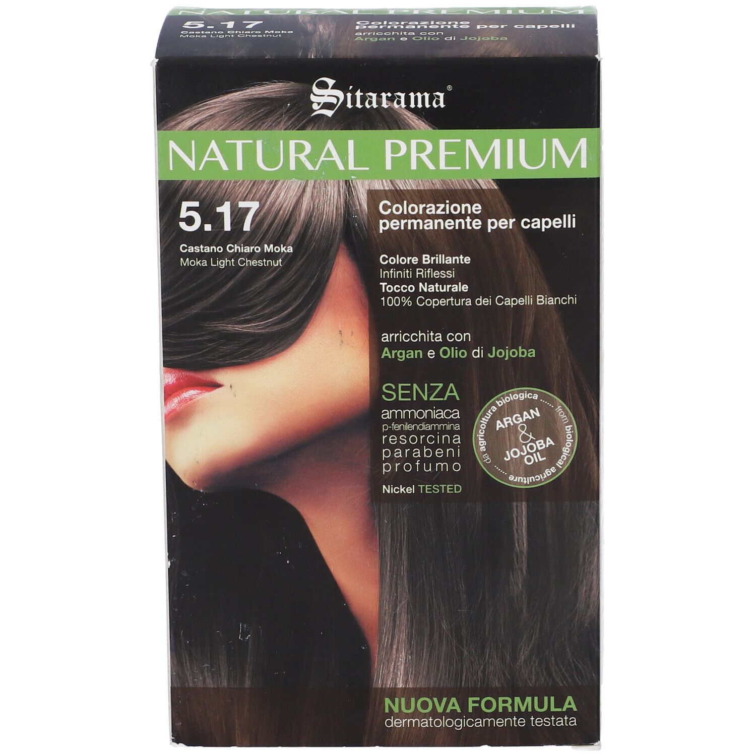 Scatola di colorazione per capelli. NATURAL PREMIUM 5.17 Castano Chiaro Moka. Contiene informazioni su ingredienti e caratteristiche.