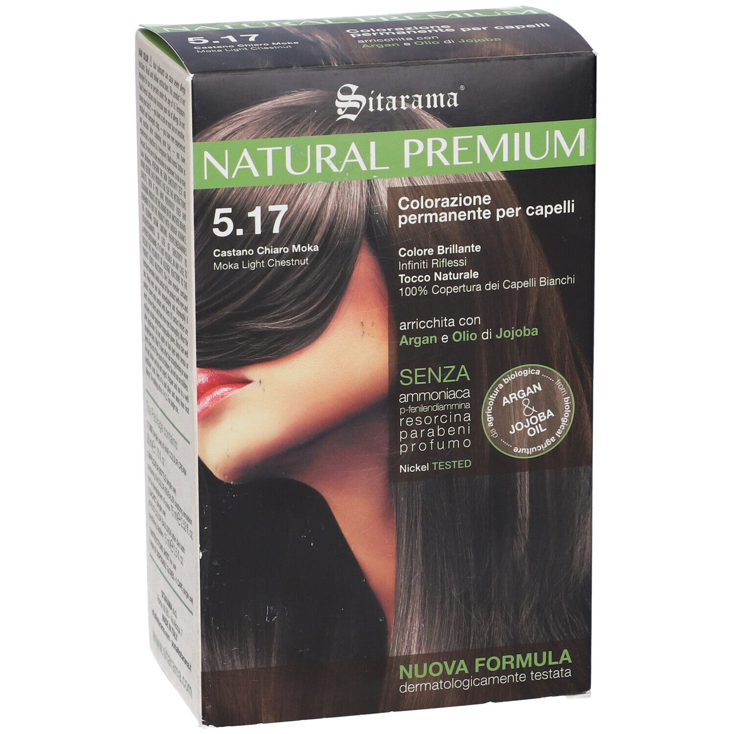 Scatola di colorazione per capelli. NATURAL PREMIUM 5.17 Castano Chiaro Moka. Contiene informazioni su ingredienti e caratteristiche.