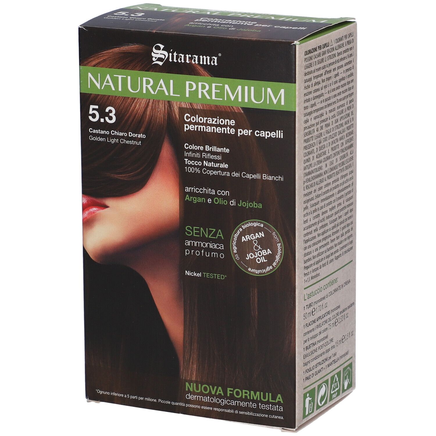 Scatola di tinta per capelli. Marca: Sitarama Natural Premium. Colore: 5.3 Castano Chiaro Dorato. Contiene olio di Argan e Jojoba. Senza ammoniaca.