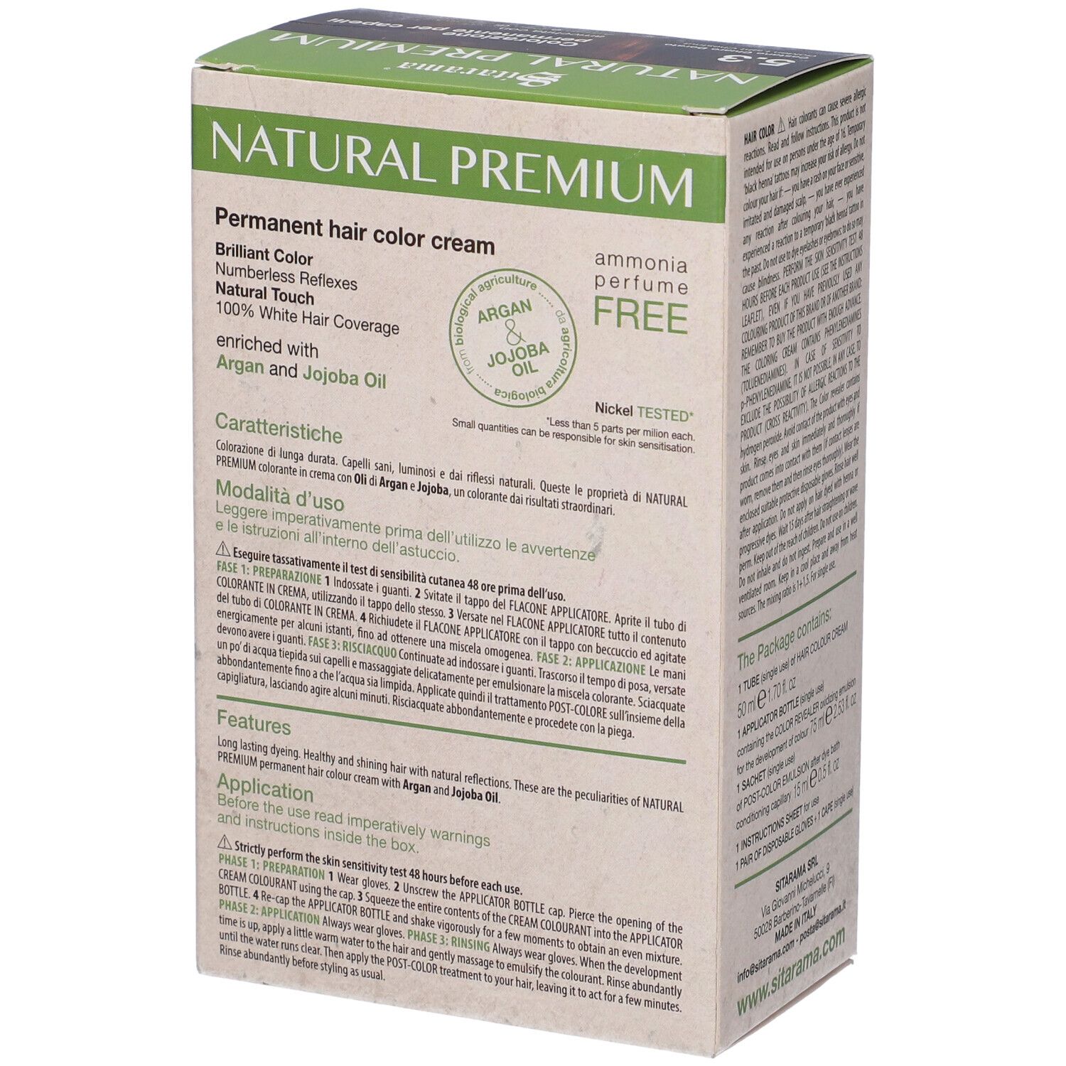 Retro della scatola di tinta per capelli. Contiene informazioni sugli ingredienti e l'uso. Marca: Sitarama Natural Premium.