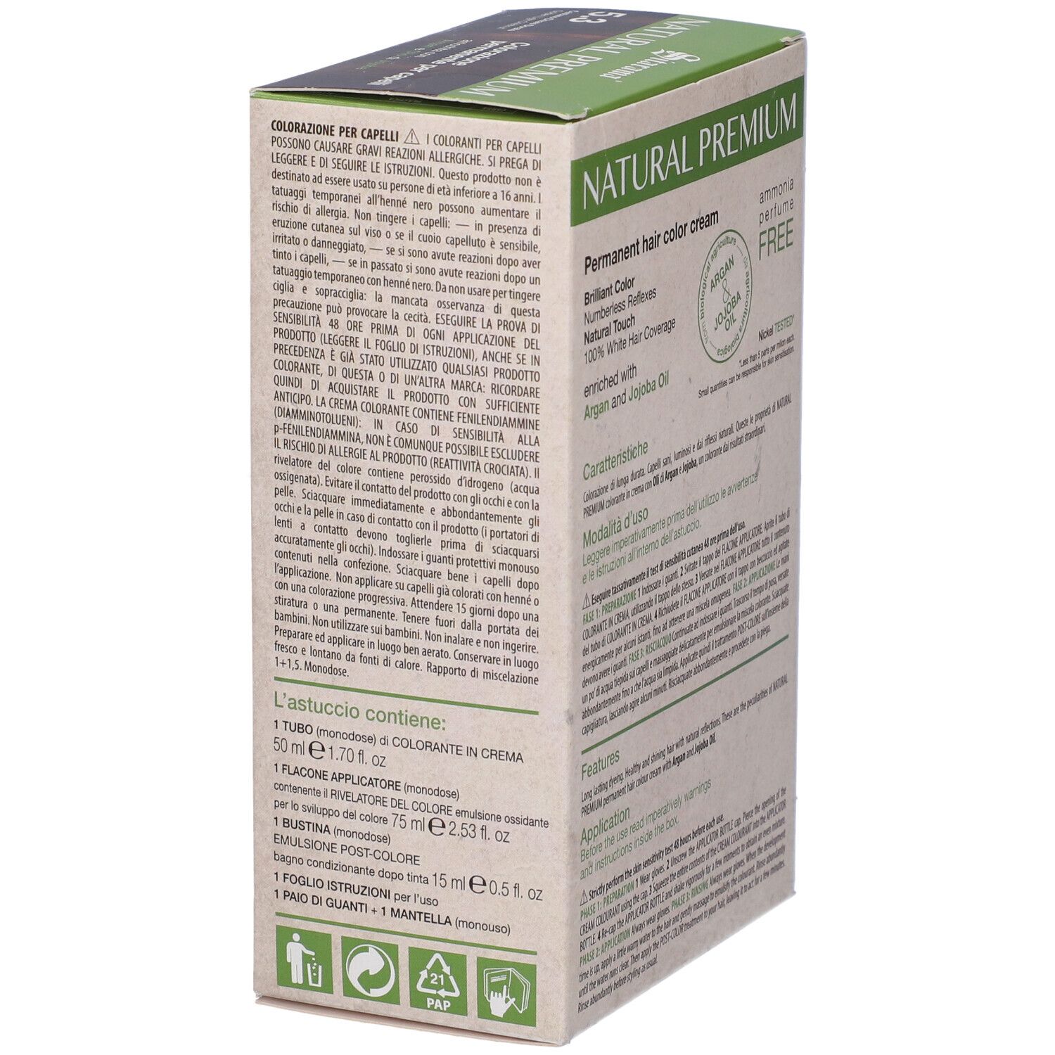 Retro della scatola di tinta per capelli. Contiene informazioni sugli ingredienti e l'uso. Marca: Sitarama Natural Premium.