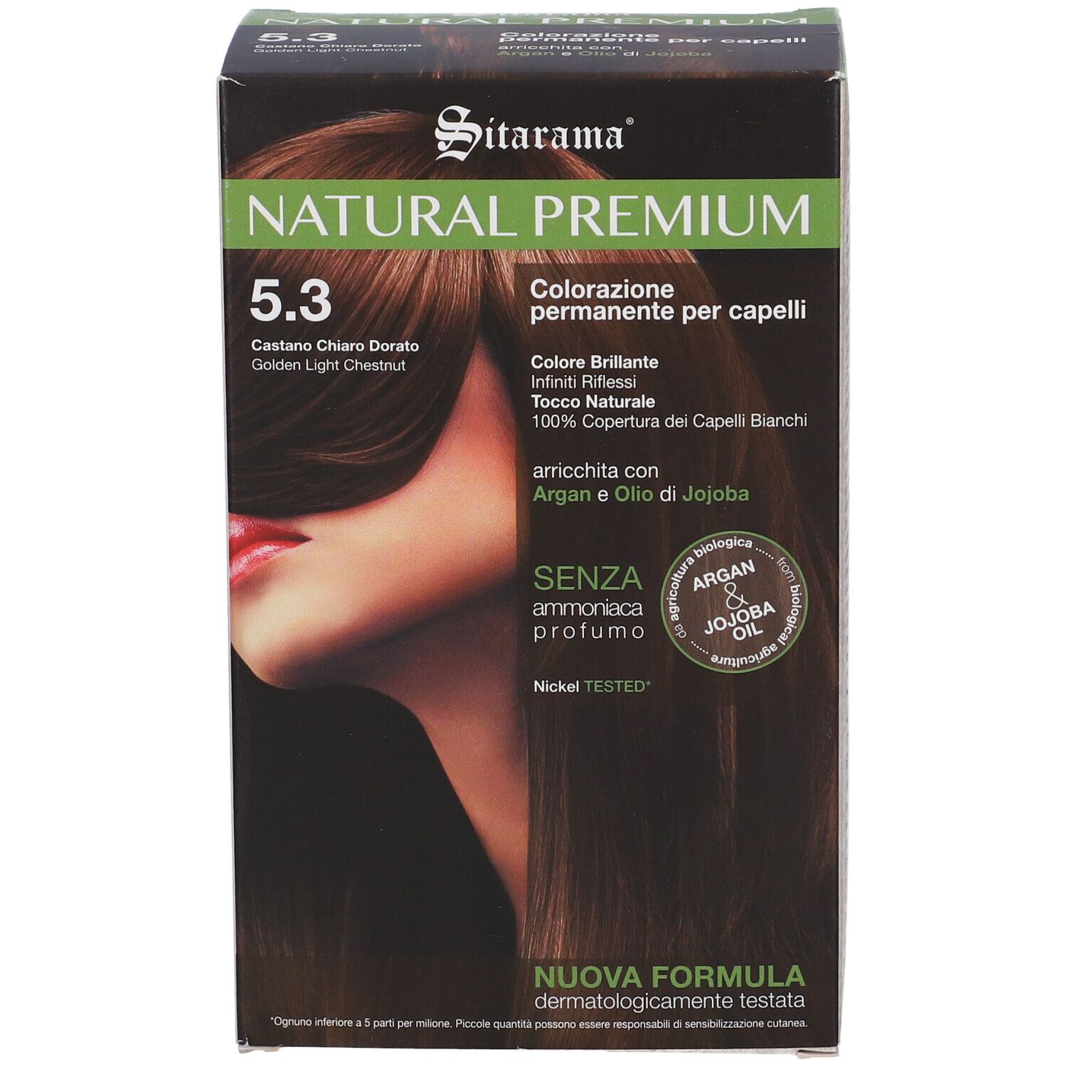Scatola di tinta per capelli. Marca: Sitarama Natural Premium. Colore: 5.3 Castano Chiaro Dorato. Contiene olio di Argan e Jojoba. Senza ammoniaca.