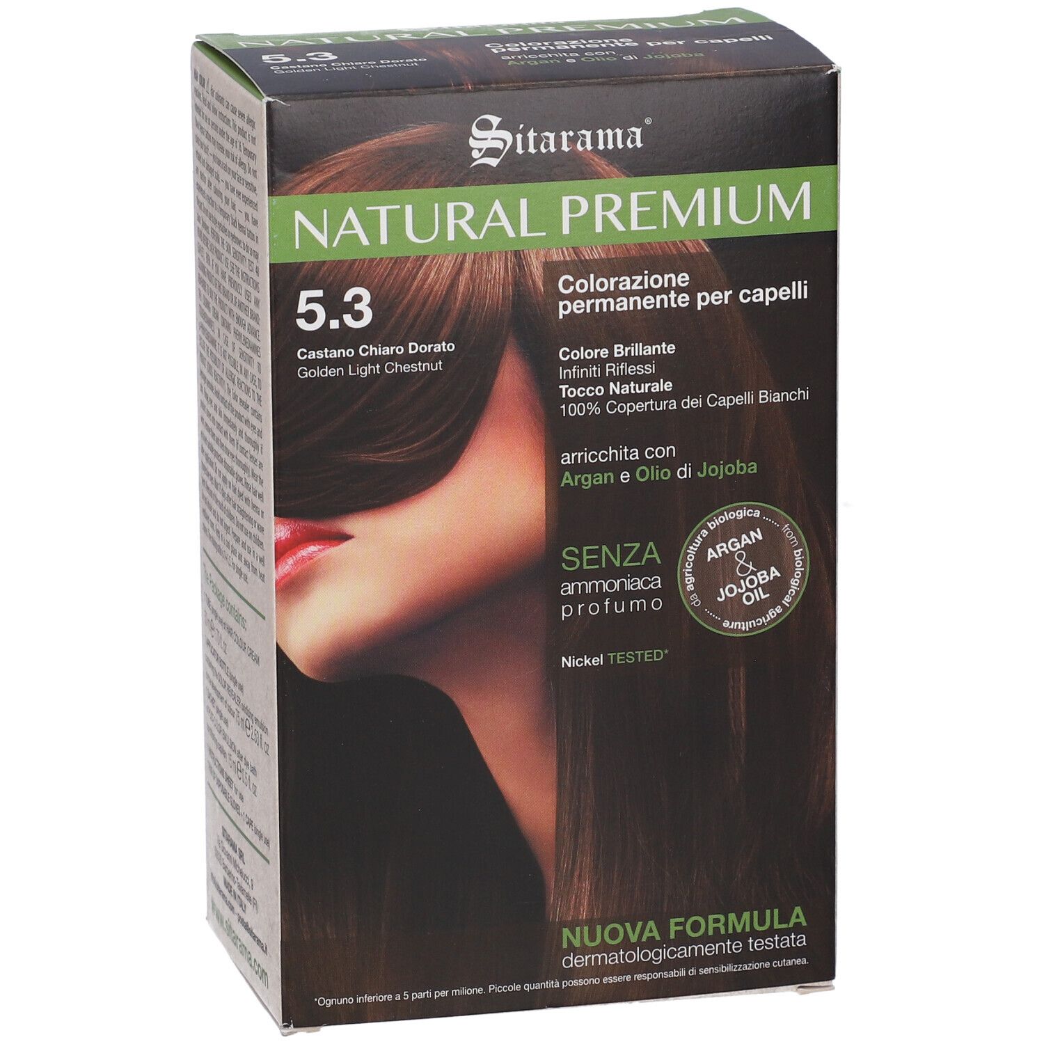 Scatola di tinta per capelli. Marca: Sitarama Natural Premium. Colore: 5.3 Castano Chiaro Dorato. Contiene olio di Argan e Jojoba. Senza ammoniaca.