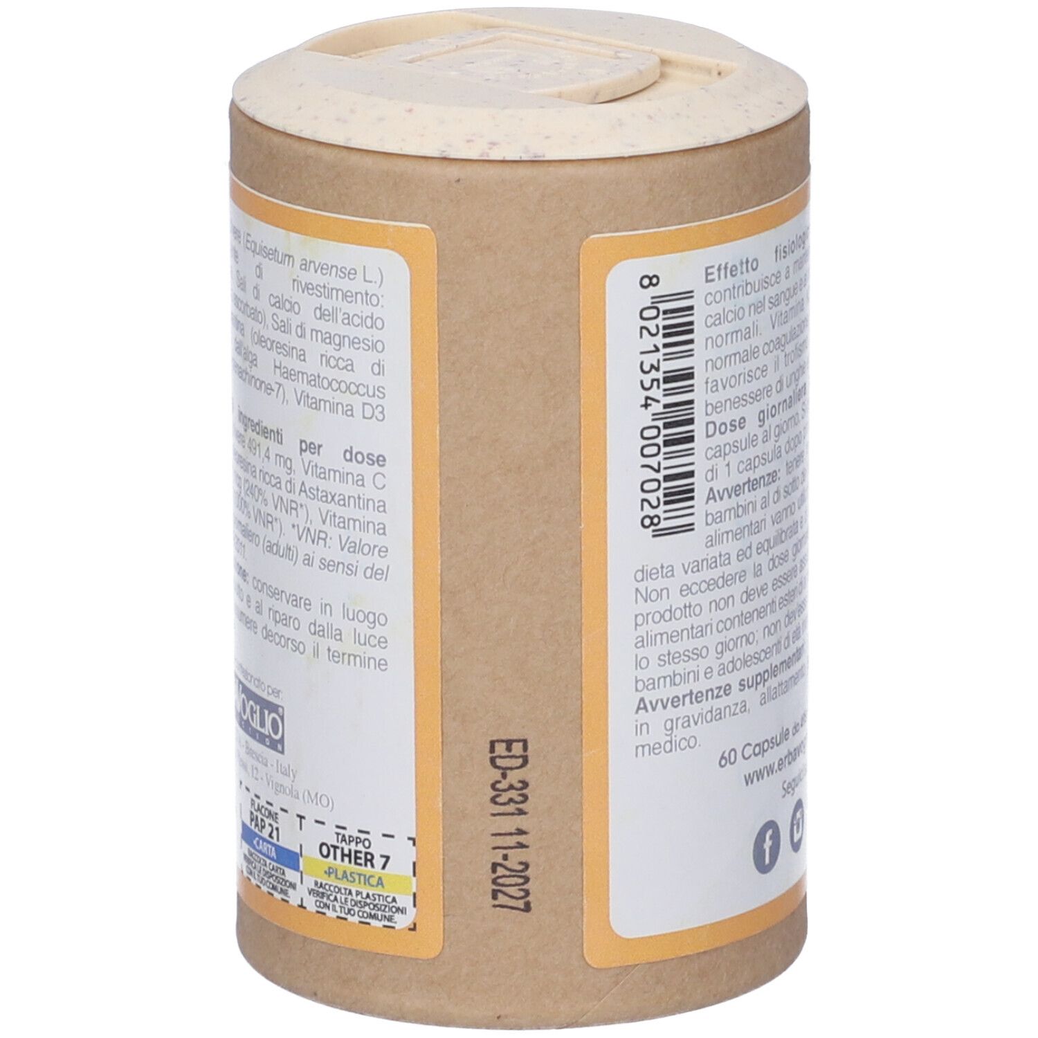 Confezione con testo e numero di lotto. Contiene informazioni sugli ingredienti. Marca: ErbaVoglio.
