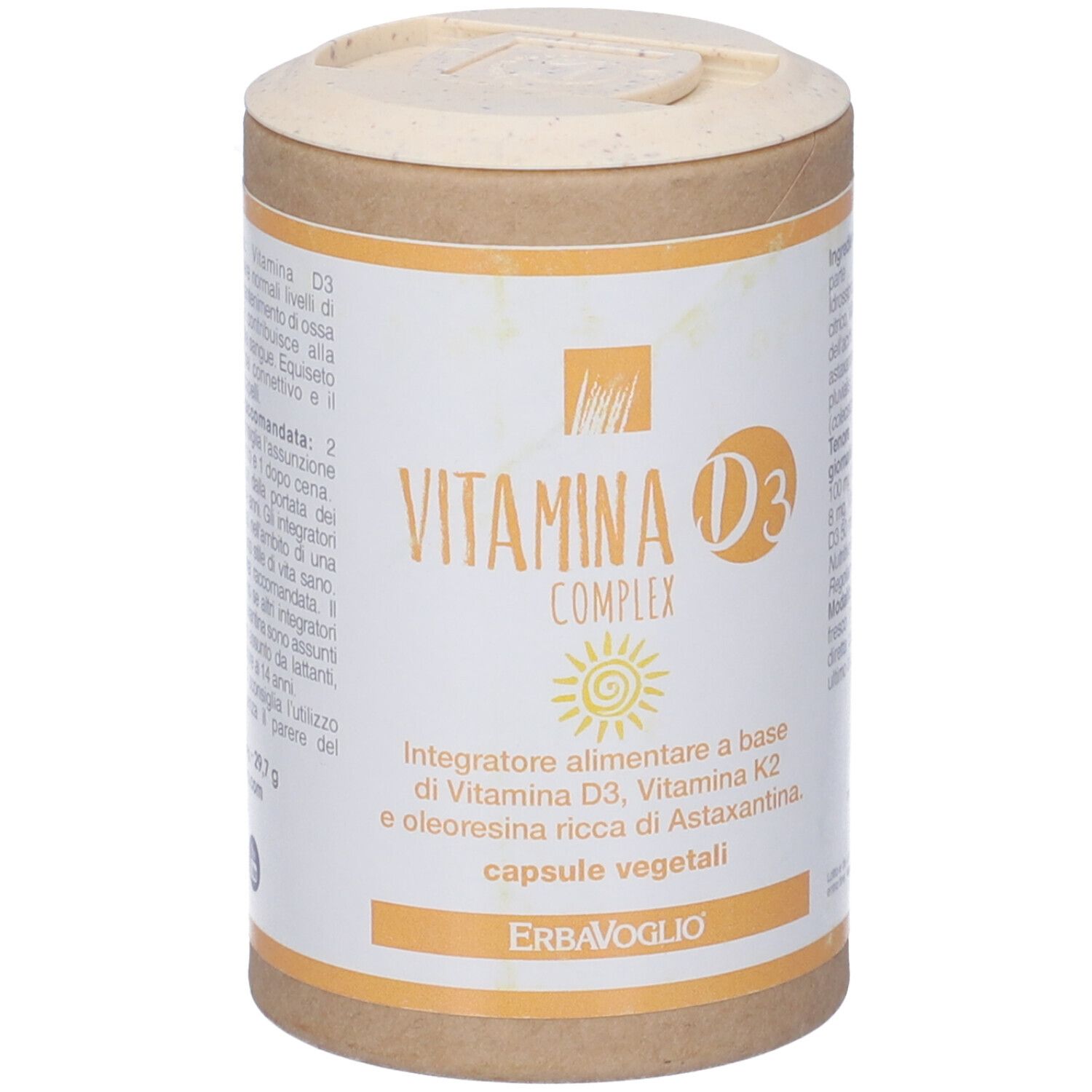 Confezione cilindrica con etichetta "Vitamina D3 Complex". Contiene capsule. Marca: ErbaVoglio.