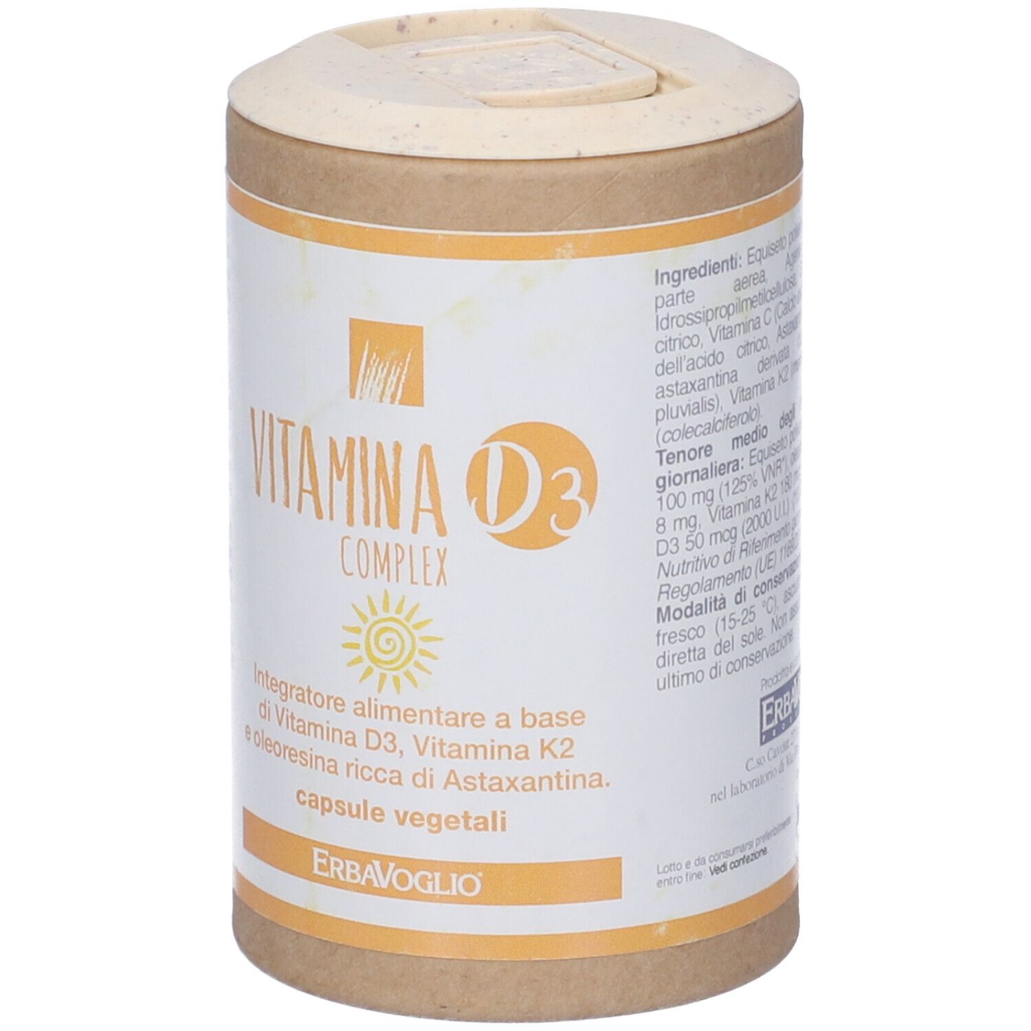 Confezione con etichetta "Vitamina D3 Complex". Contiene informazioni sugli ingredienti. Marca: ErbaVoglio.