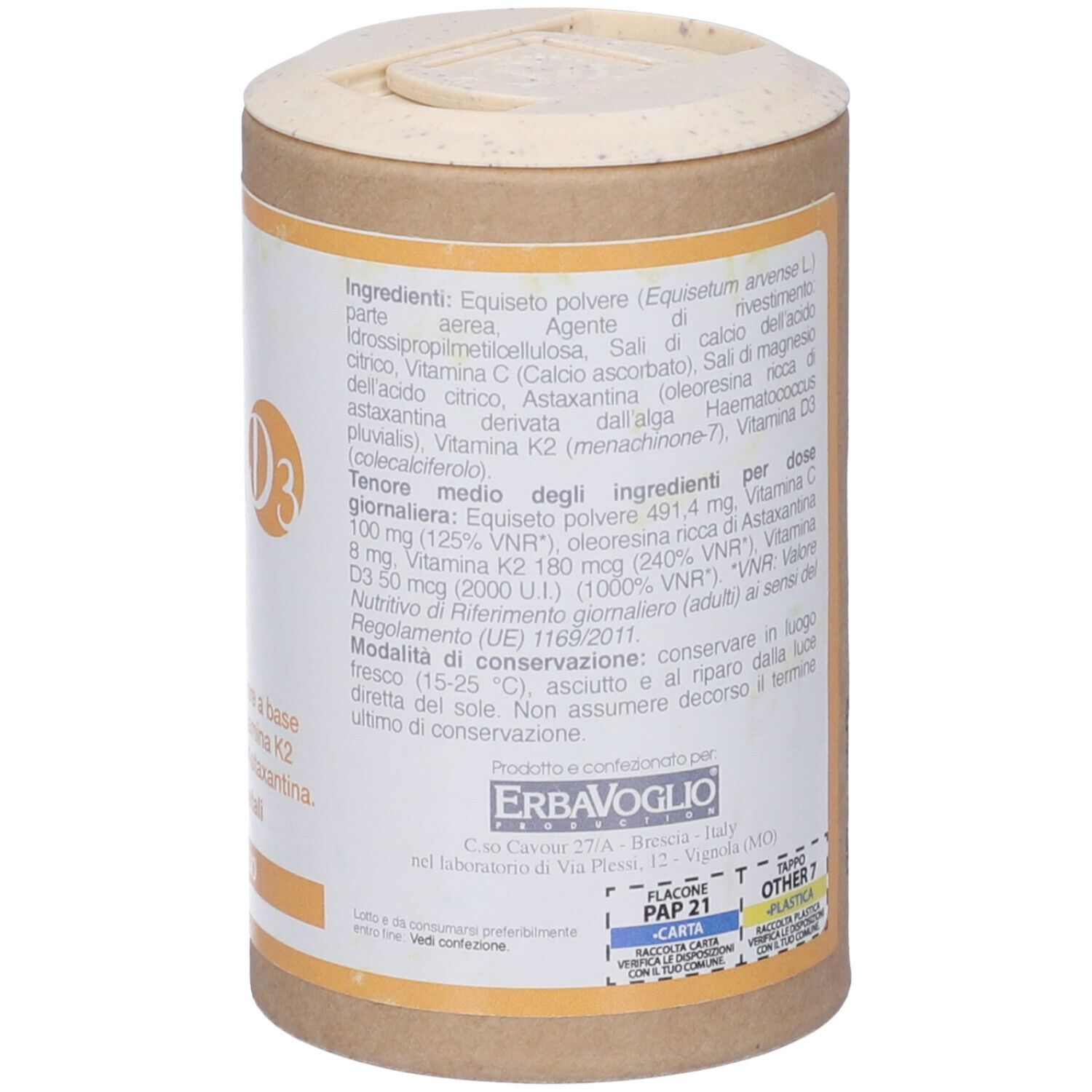 Confezione con testo. Contiene informazioni sugli ingredienti e il produttore. Marca: ErbaVoglio.