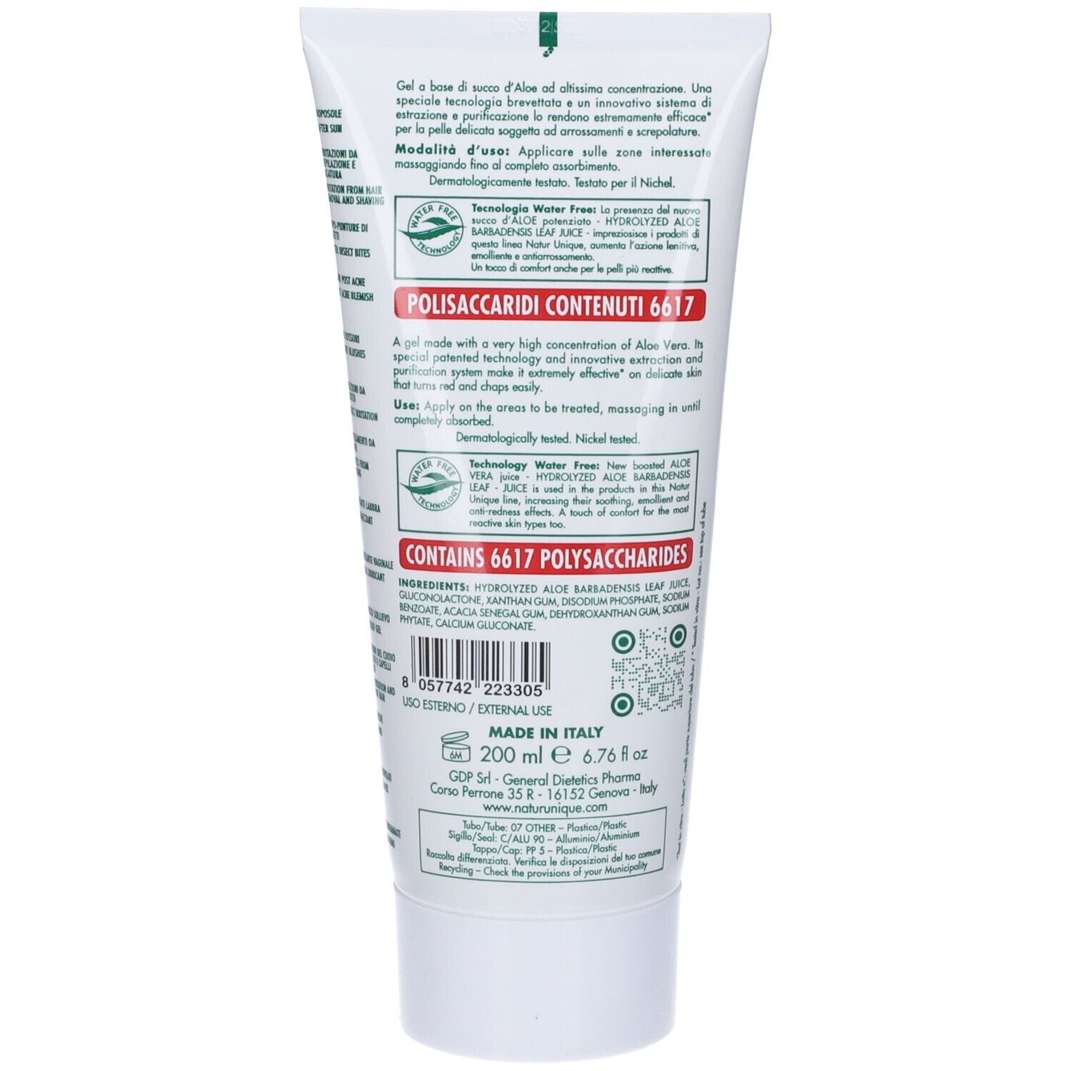 Retro del tubo Aloe Attiva Gel Puro Titolato. Testo: 200 ml, 6.76 fl oz, Natur Unique Cosmetics, Made in Italy.