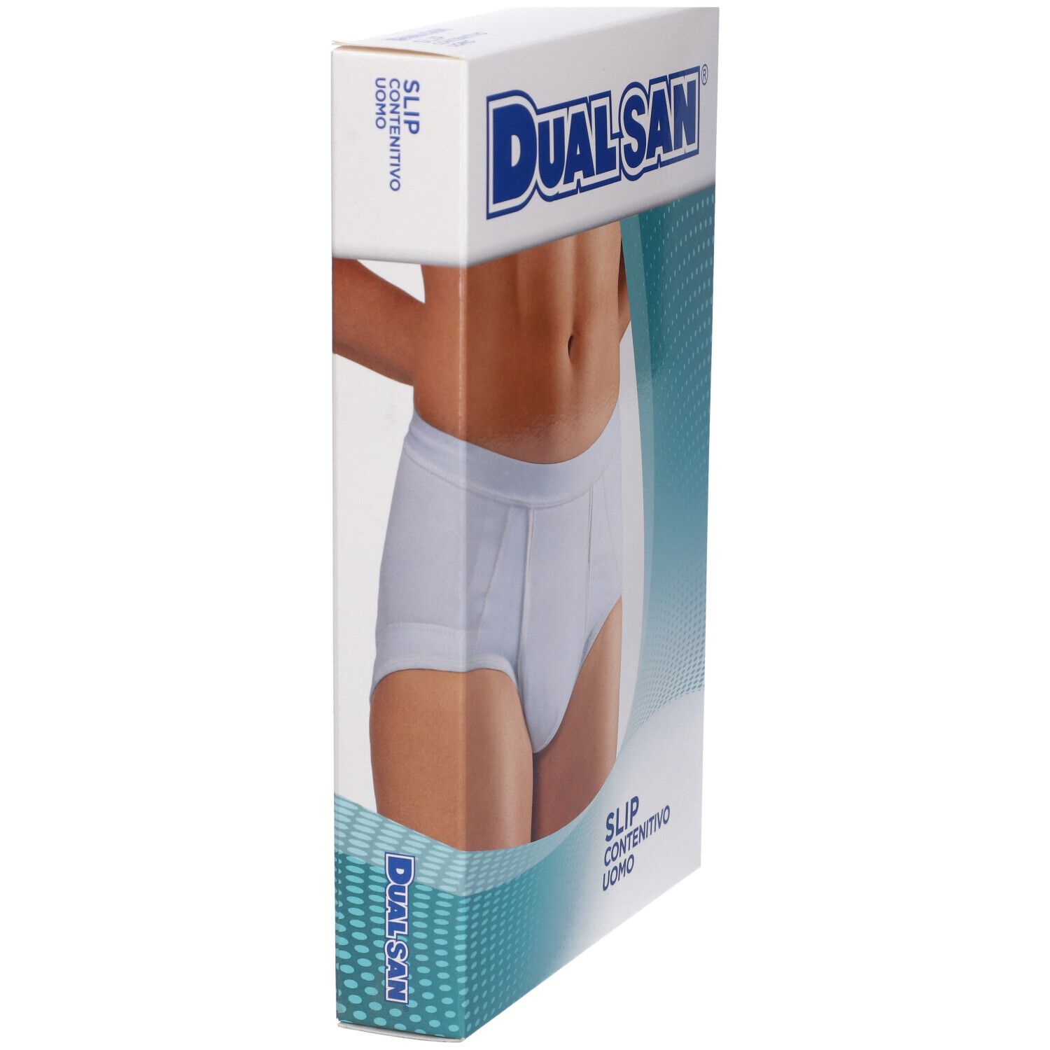 Vista laterale della confezione di slip contenitivi bianchi da uomo, marca Dualsan.