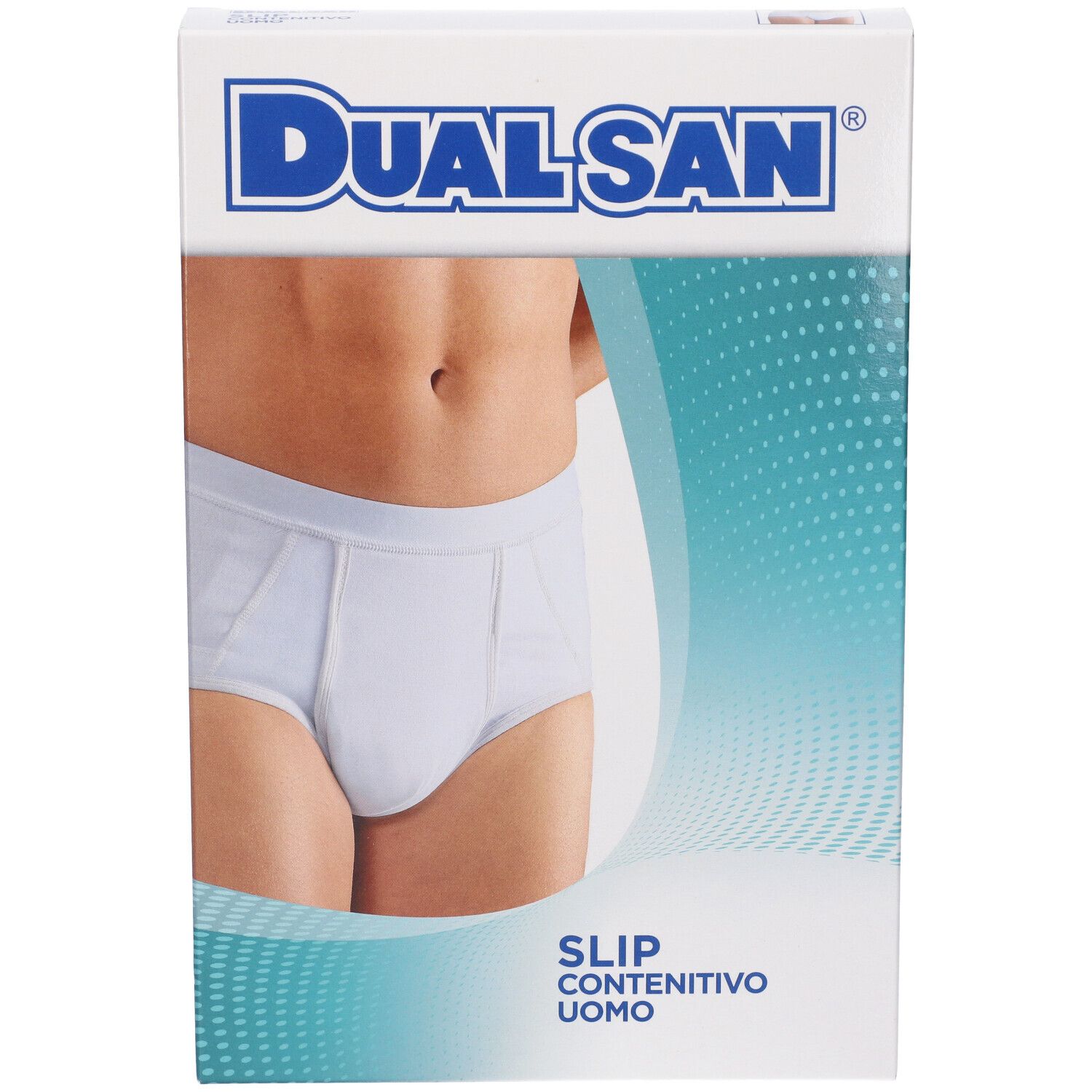 Confezione di slip contenitivi bianchi da uomo, marca Dualsan.
