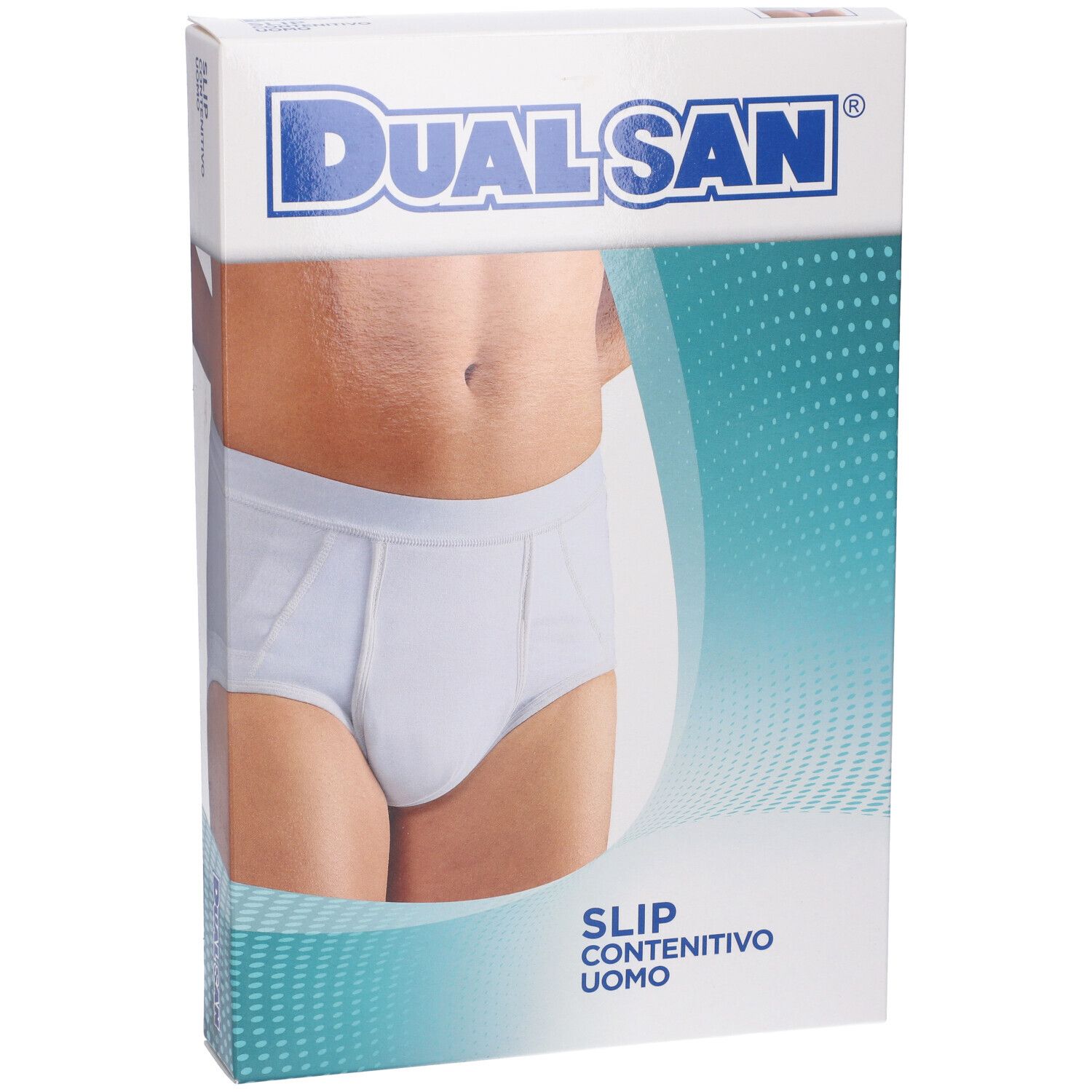 Confezione di slip contenitivi bianchi da uomo, marca Dualsan.