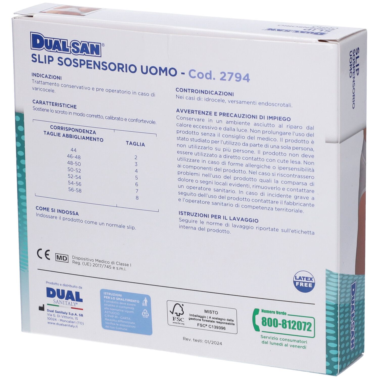 Retro della confezione Dualsan Slip Sospensorio Uomo. Testo e informazioni sul prodotto. Marchio CE.