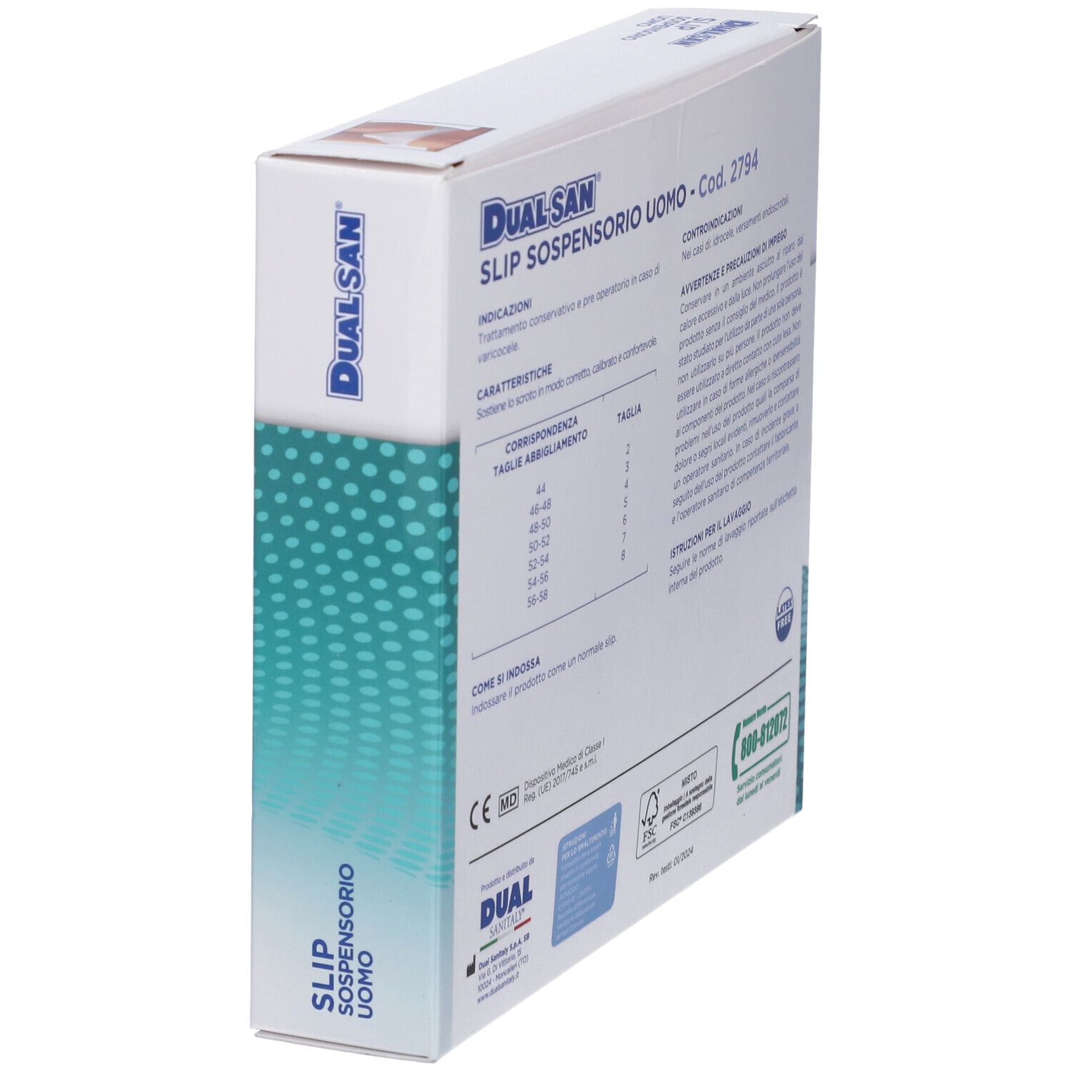 Confezione Dualsan Slip Sospensorio Uomo. Vista obliqua del retro. Testo e informazioni. Marchio CE.