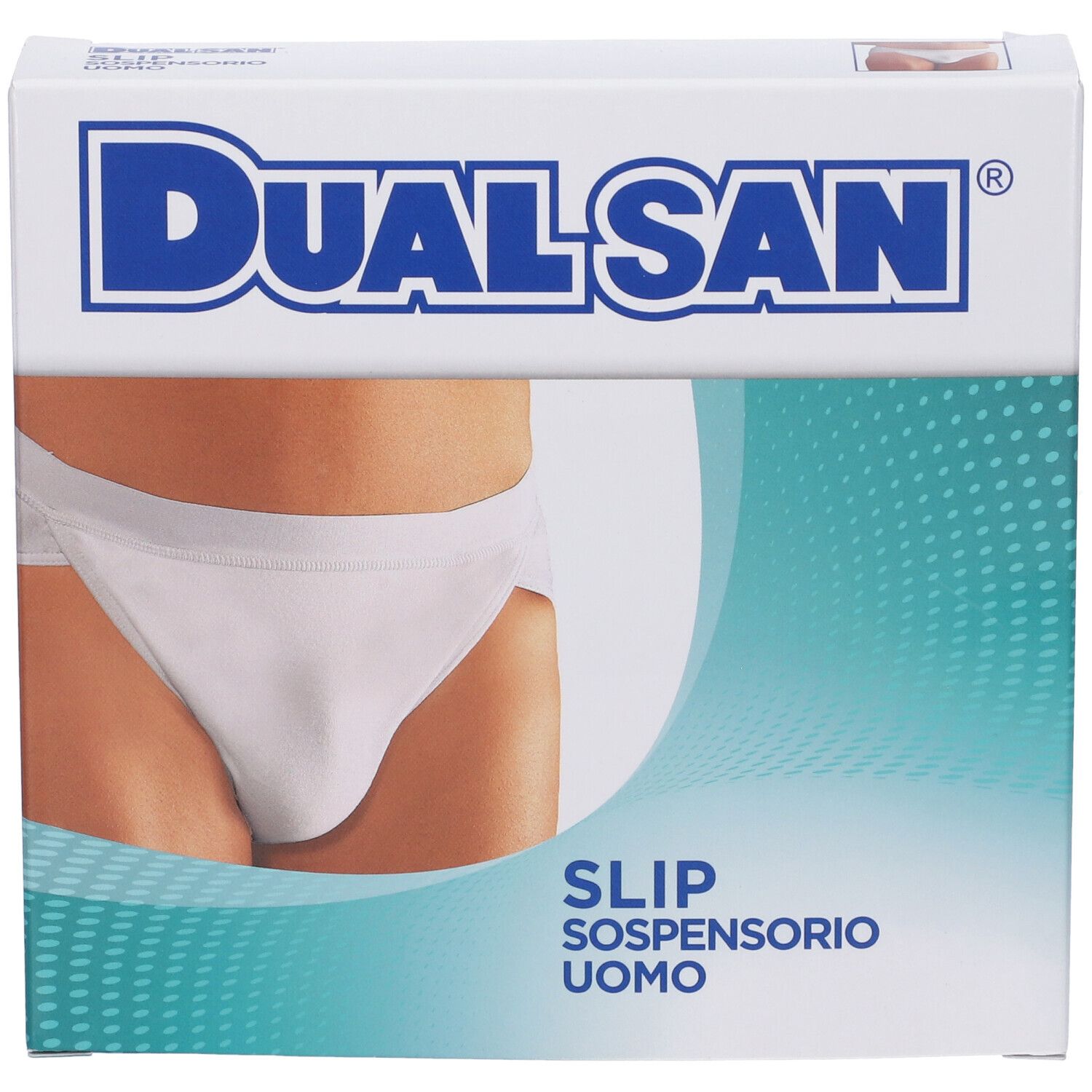 Confezione di Dualsan Slip Sospensorio Uomo. Slip bianco raffigurato. Testo: SLIP SOSPENSORIO UOMO.