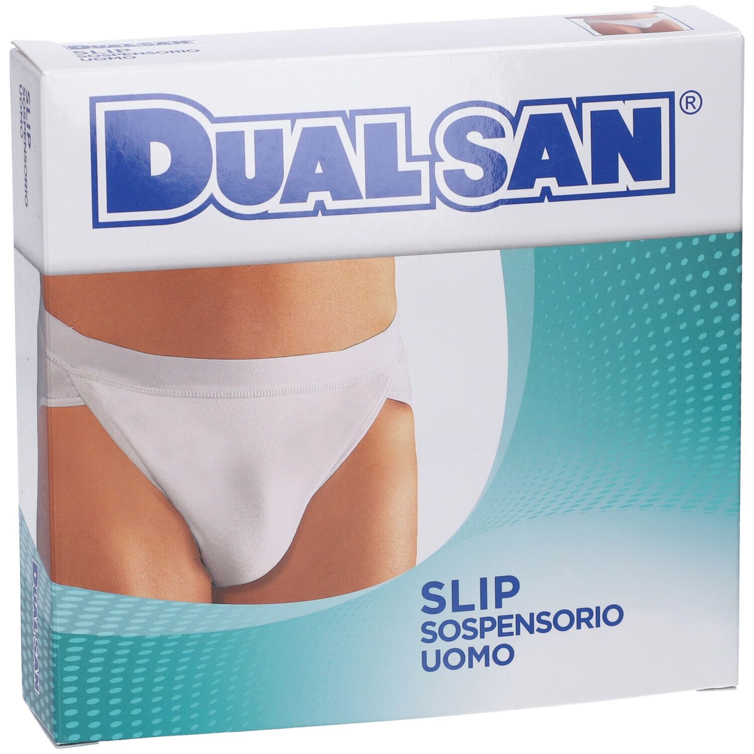 Confezione di Dualsan Slip Sospensorio Uomo. Slip bianco raffigurato. Testo: SLIP SOSPENSORIO UOMO.