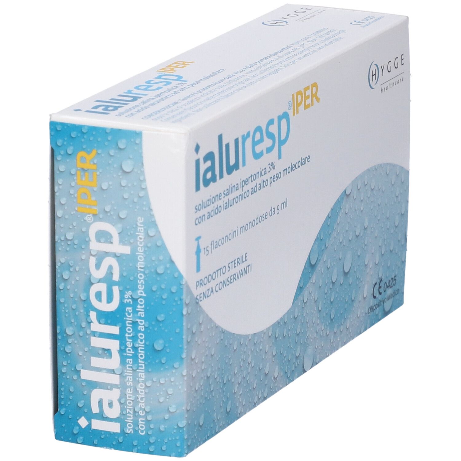 Confezione di Ialuresp IPER angolata. 15 flaconcini monodose. Logo Hygge Healthcare.
