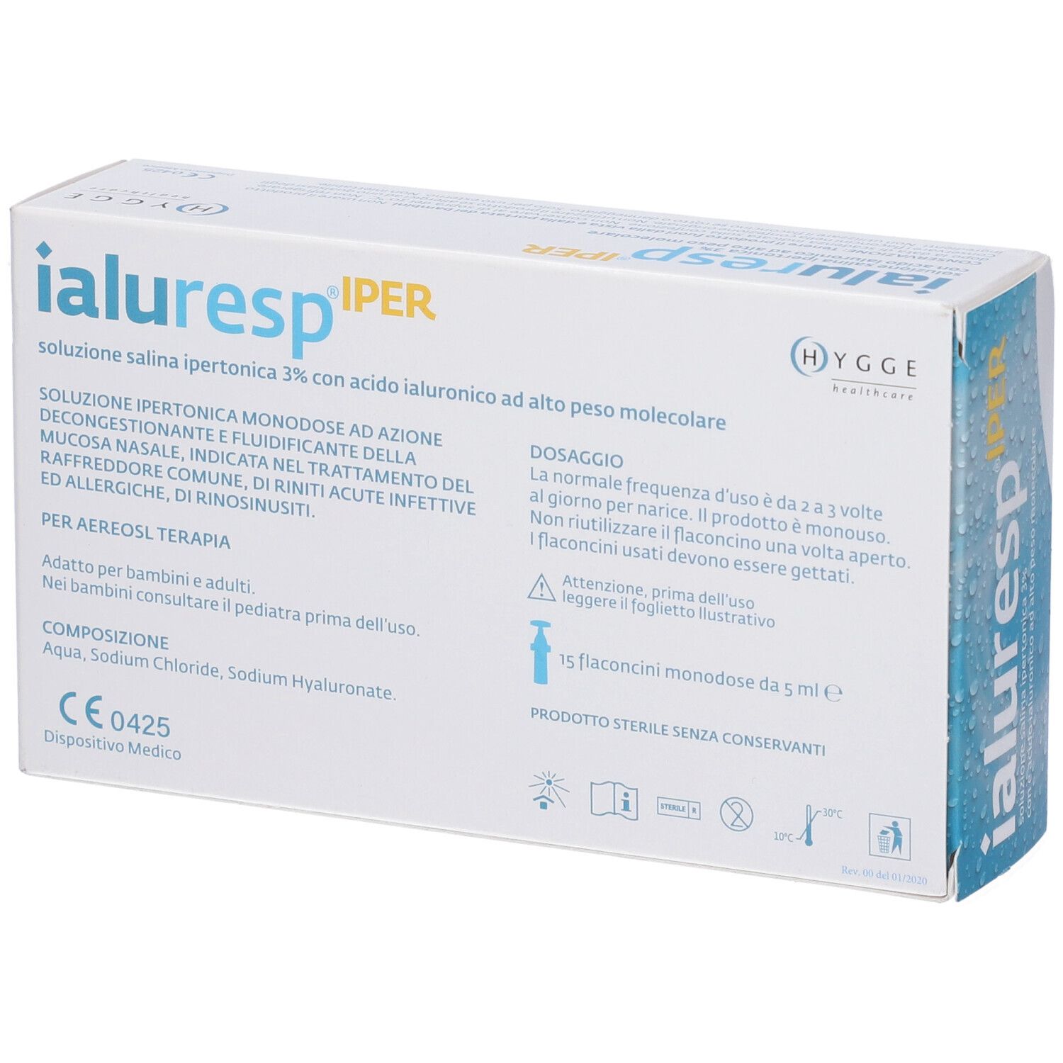 Confezione di Ialuresp IPER. Testo con indicazioni. 15 flaconcini monodose. Logo Hygge Healthcare.