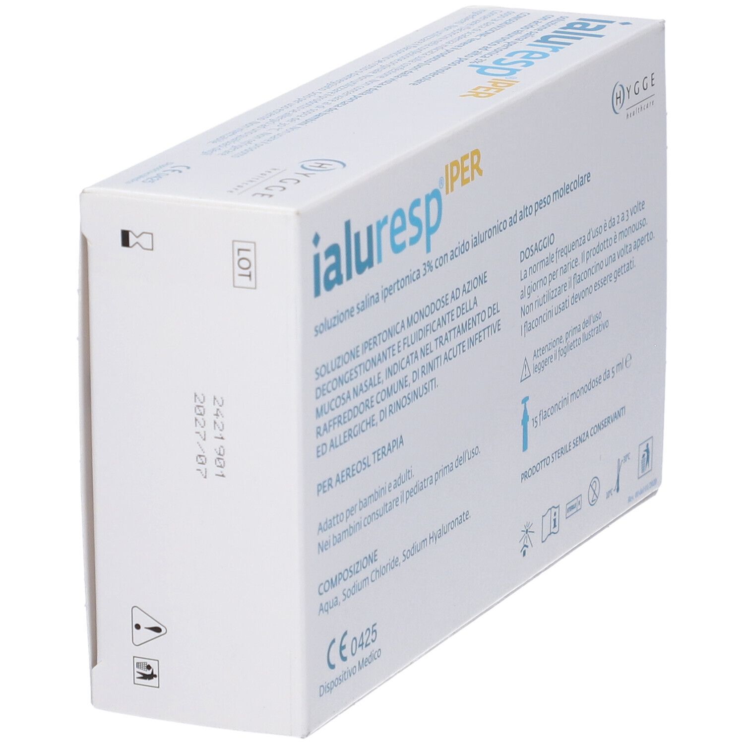 Confezione di Ialuresp IPER angolata. Testo con indicazioni. Dispositivo Medico CE0425.