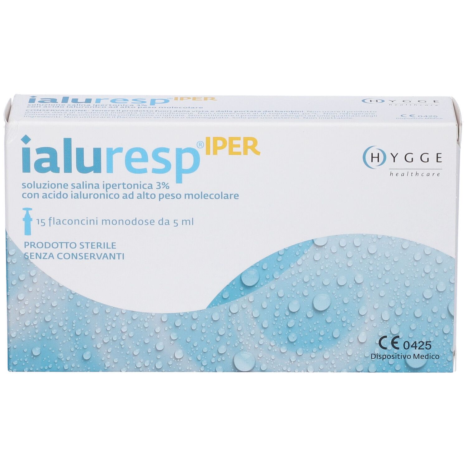 Confezione di Ialuresp IPER. 15 flaconcini monodose. Logo Hygge Healthcare. Dispositivo Medico CE0425.