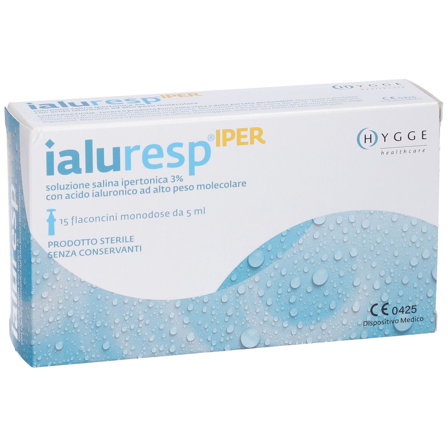 Confezione di Ialuresp IPER. 15 flaconcini monodose. Logo Hygge Healthcare. Dispositivo Medico CE0425.