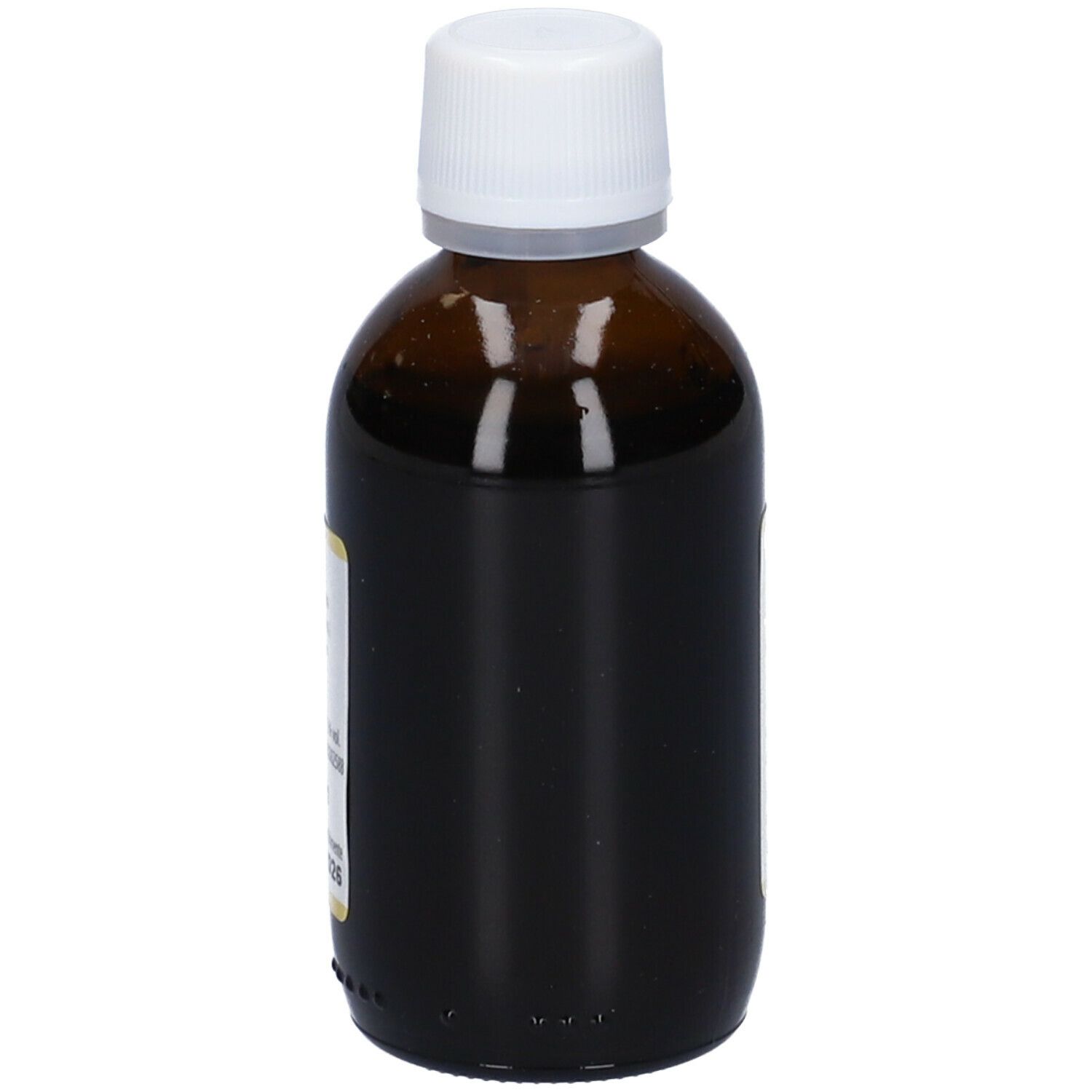 Flacone vetro marrone con tappo bianco. Etichetta con ingredienti e data di scadenza.