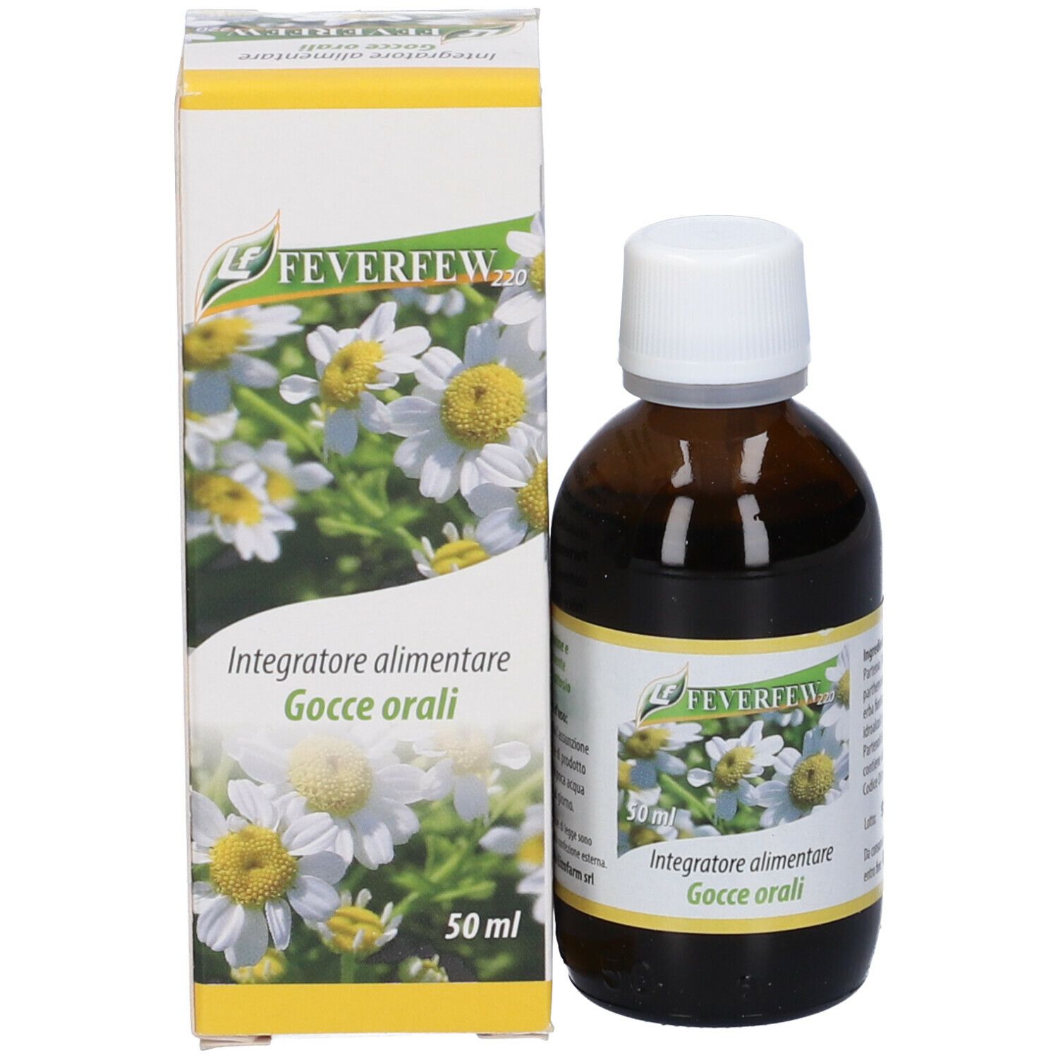 Flacone vetro marrone con tappo bianco e scatola. Nome prodotto e design floreale.