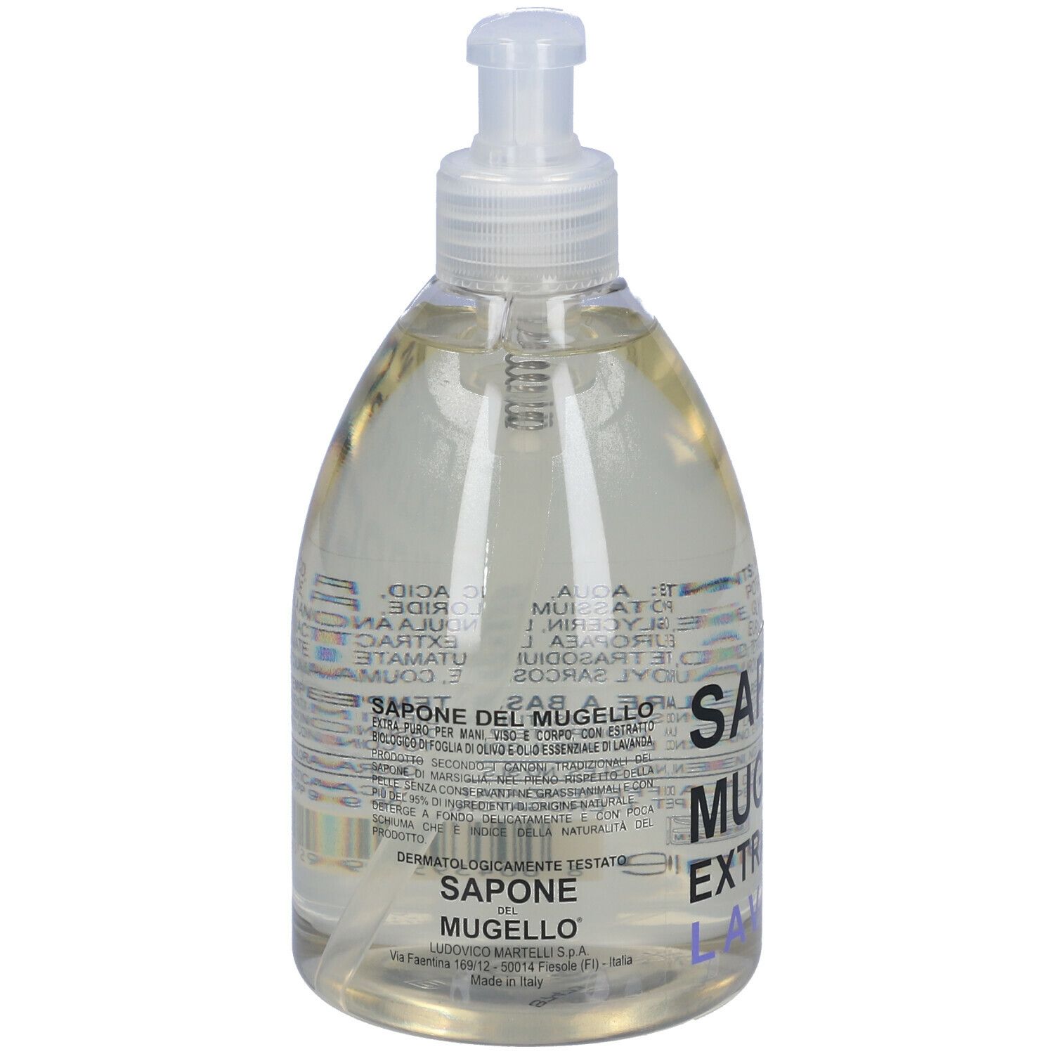 Sapone liquido trasparente in flacone con dosatore. Scritta: Sapone Del Mugello Extra Puro Lavanda.