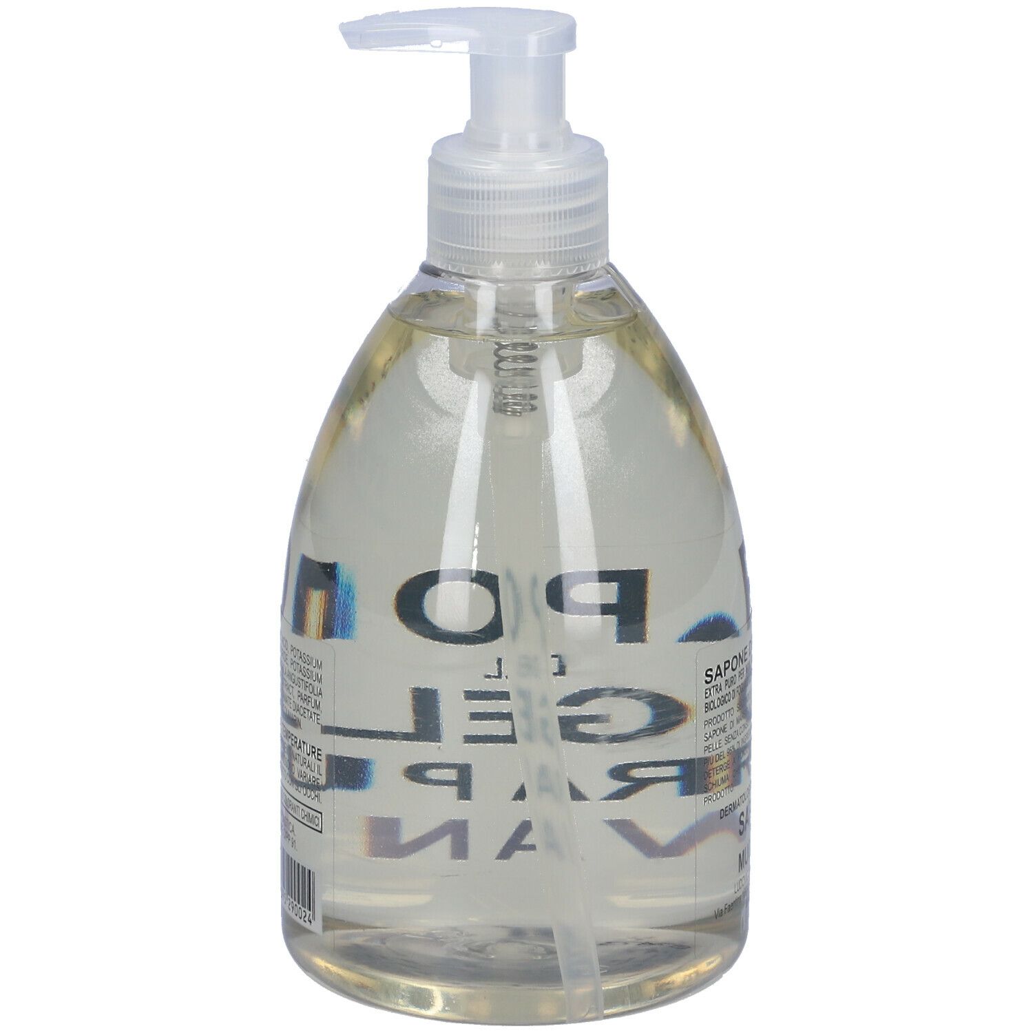 Sapone liquido trasparente in flacone con dosatore. Scritta: Sapone Del Mugello Extra Puro Lavanda.