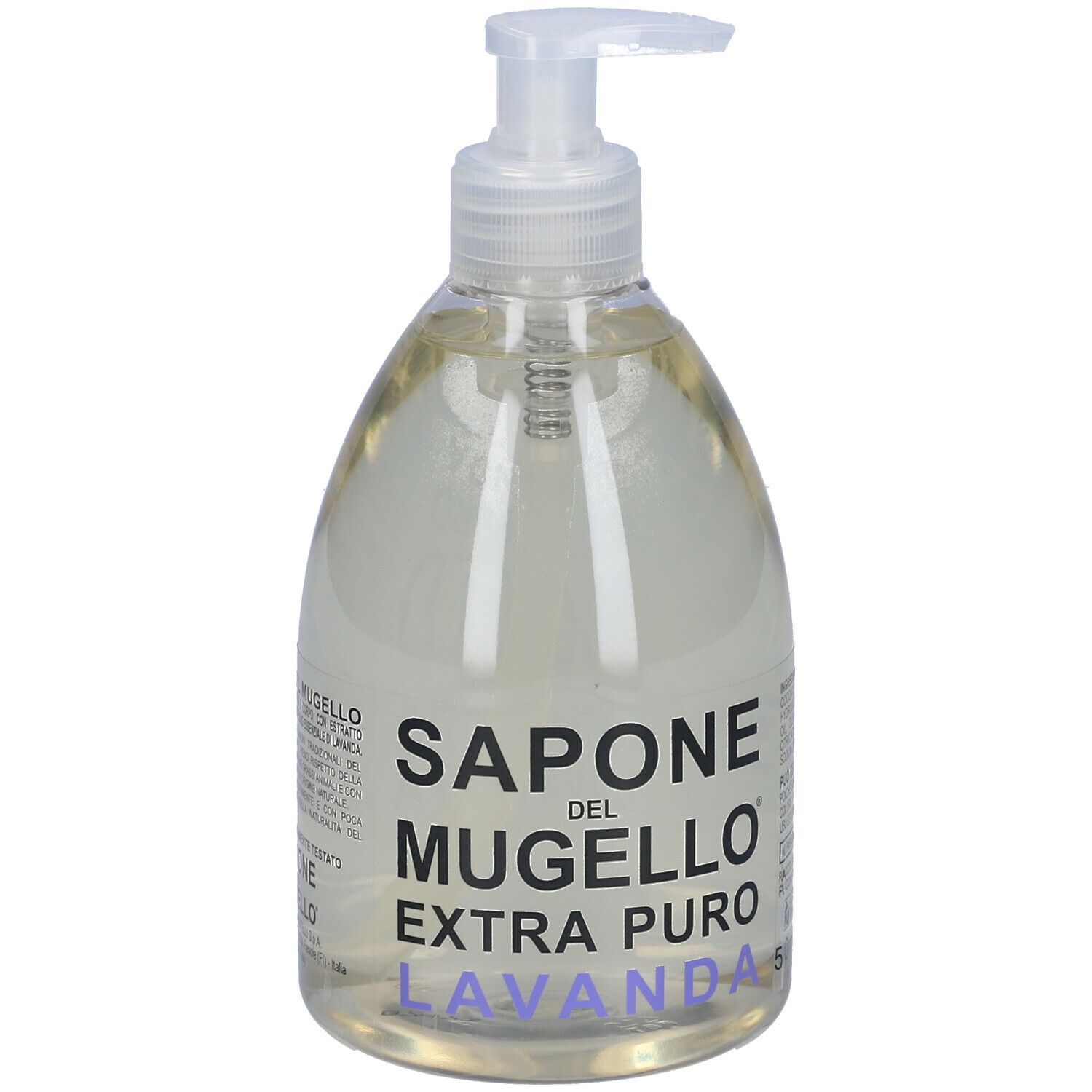 Sapone liquido trasparente in flacone con dosatore. Scritta: Sapone Del Mugello Extra Puro Lavanda.