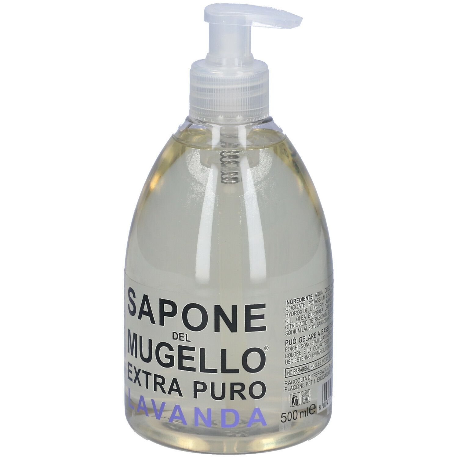 Sapone liquido trasparente in flacone con dosatore. Scritta: Sapone Del Mugello Extra Puro Lavanda.