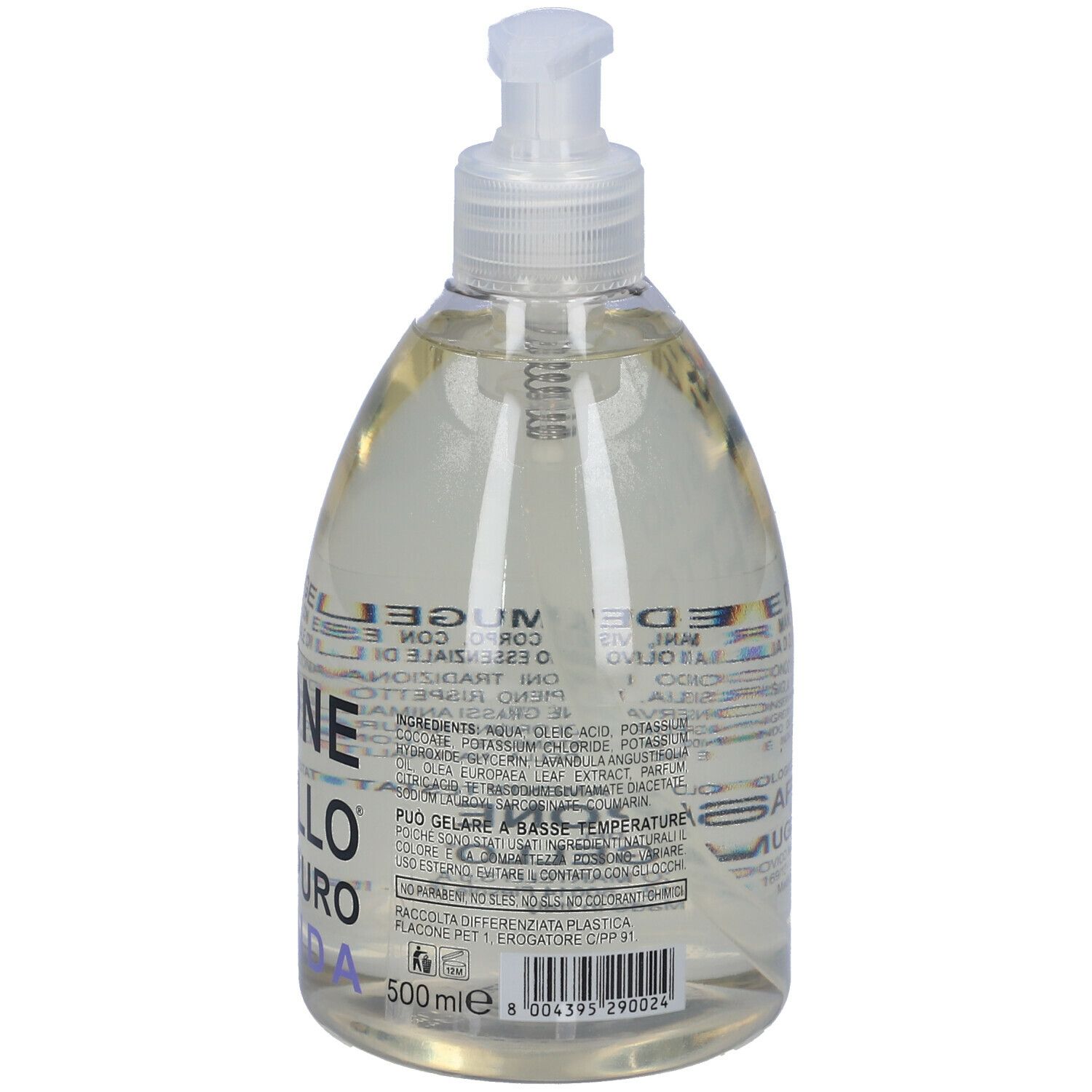 Sapone liquido trasparente in flacone con dosatore. Scritta: Sapone Del Mugello Extra Puro Lavanda.