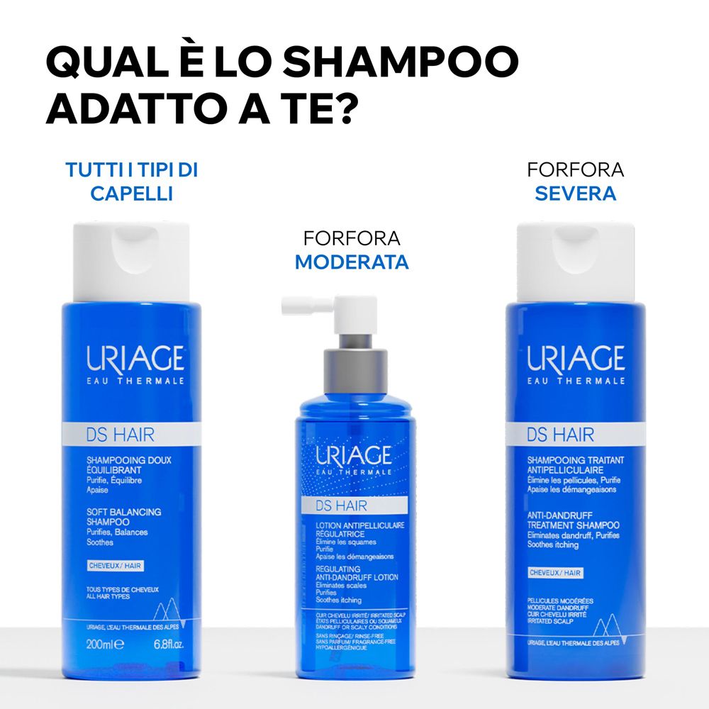 Tre flaconi di shampoo Uriage DS Hair. Per tutti i tipi di capelli, forfora moderata, forfora severa.