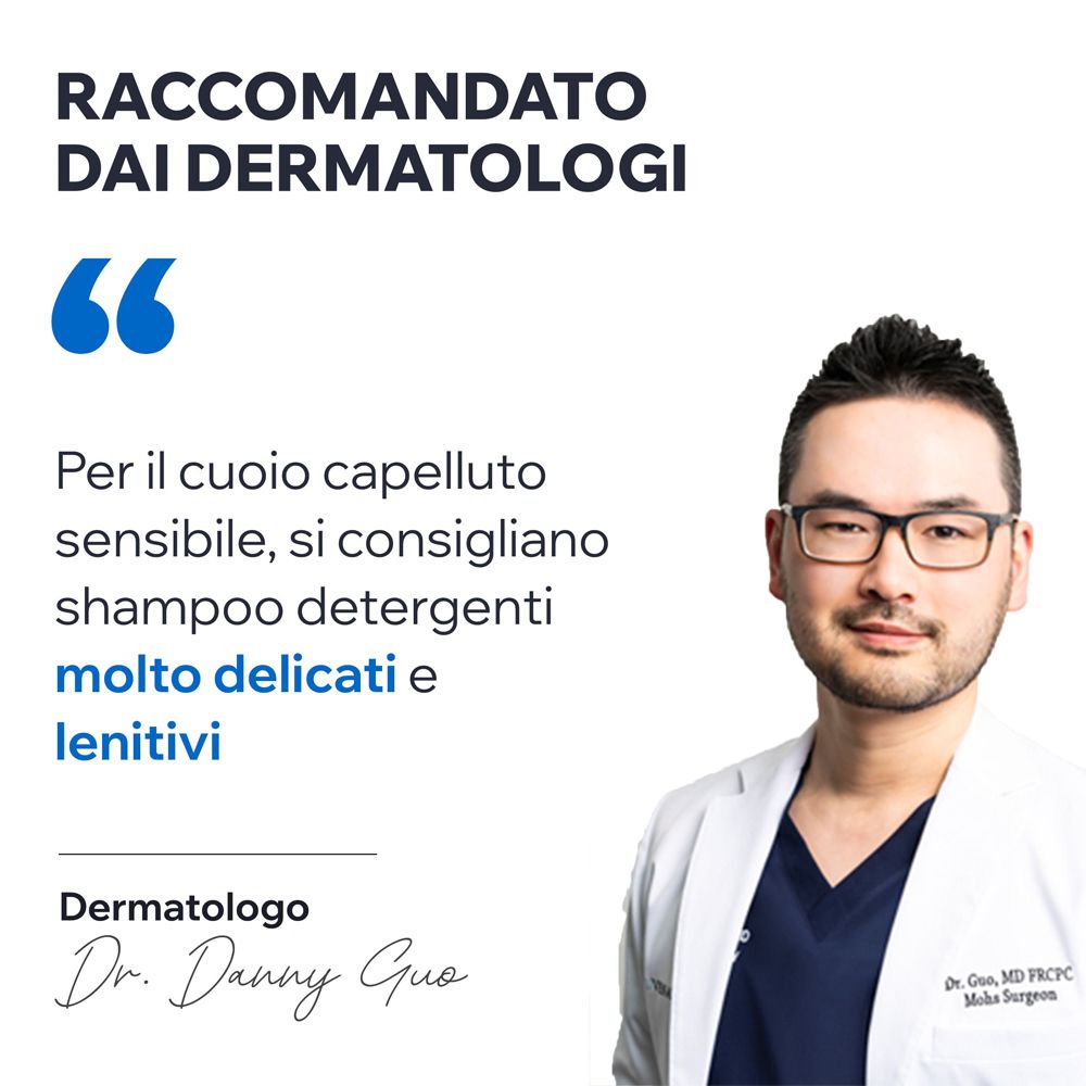 Ritratto di un dermatologo. Testo: Per il cuoio capelluto sensibile, si consigliano shampoo delicati.