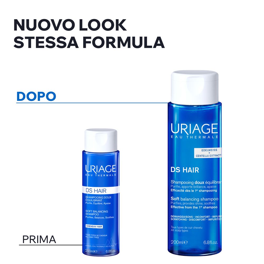 Due flaconi di Uriage DS Hair Soft Balancing Shampoo, piccolo e grande. Nuovo look, stessa formula.