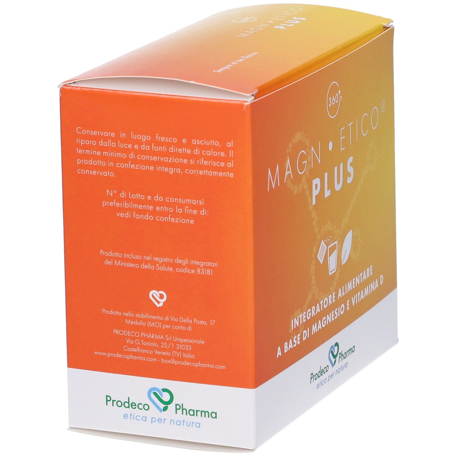 Scatola di Magnetico Plus. Vista laterale con nome e logo del prodotto. Contiene magnesio e vitamina D. Testo in italiano.