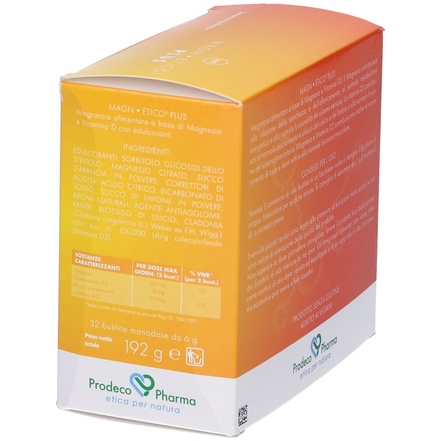 Lato della confezione di Magnetico Plus. Testo in italiano. Contiene informazioni sugli ingredienti e i valori nutrizionali.