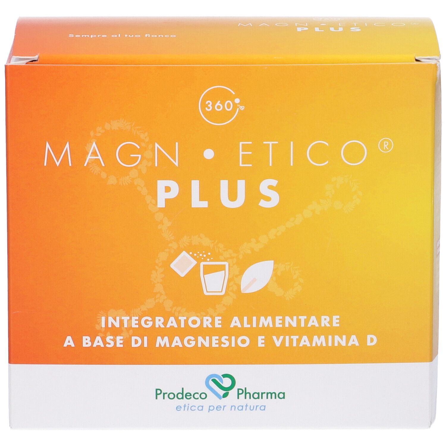 Scatola di Magnetico Plus. Design arancione-giallo con nome e logo del prodotto. Contiene magnesio e vitamina D.