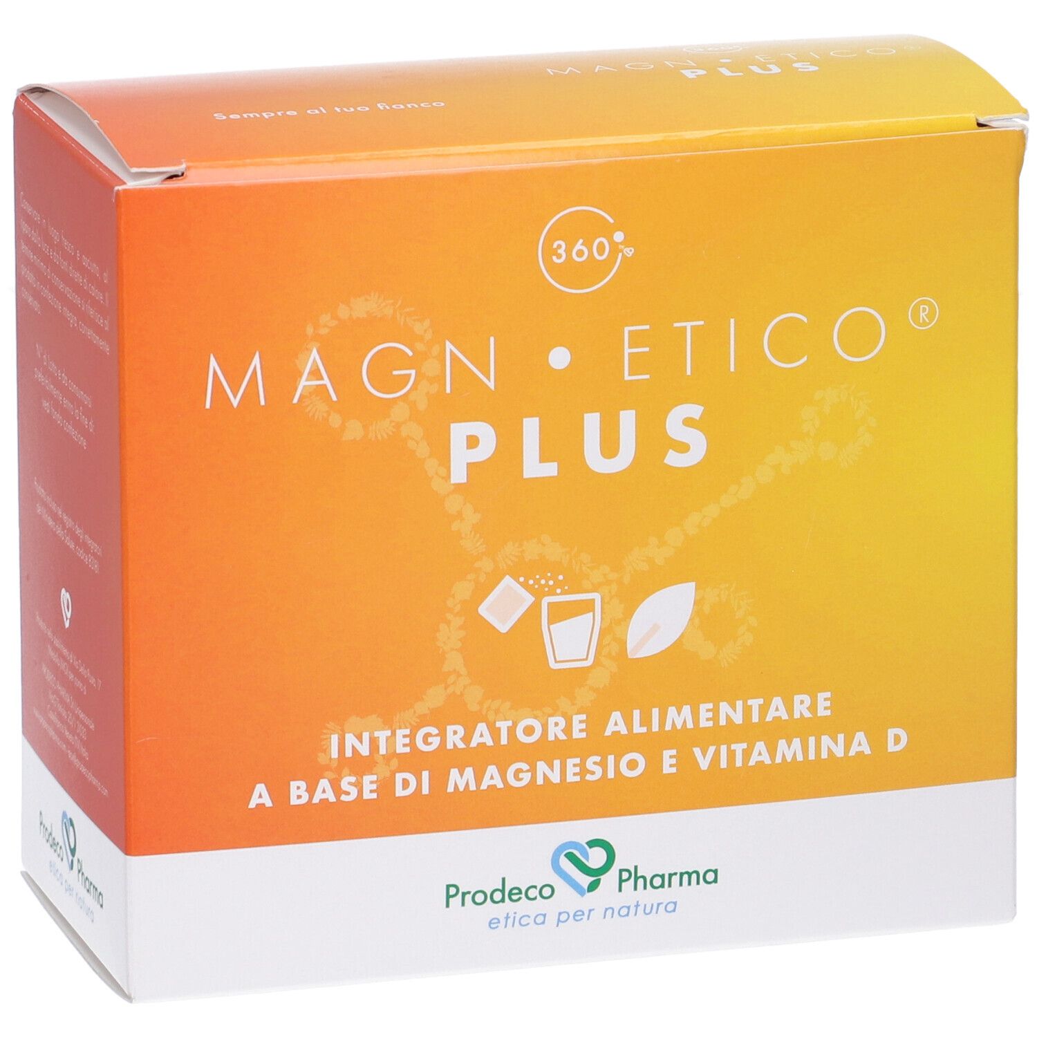 Scatola di Magnetico Plus. Design arancione-giallo con nome e logo del prodotto. Contiene magnesio e vitamina D.