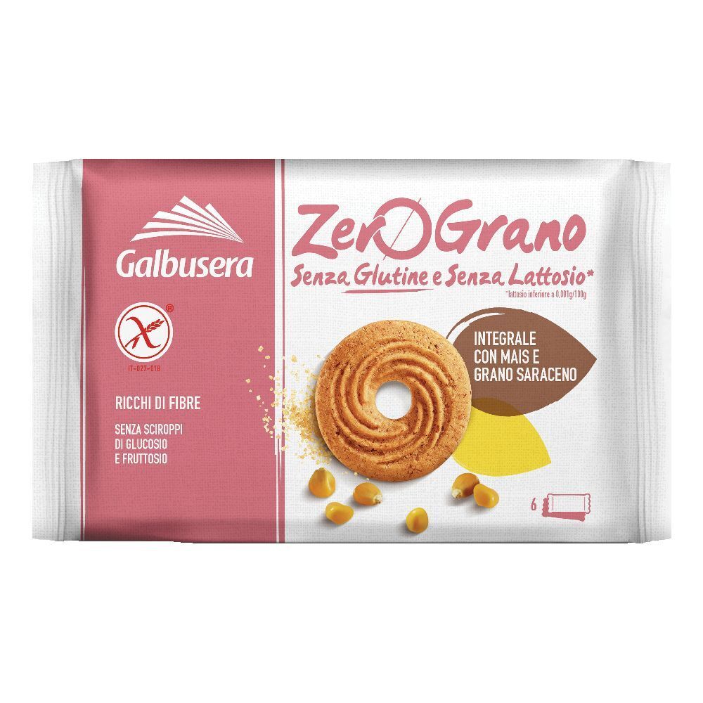 Confezione di biscotti Zerograno. Scritta: Senza glutine e senza lattosio, ricco di fibre. Con mais e grano saraceno.