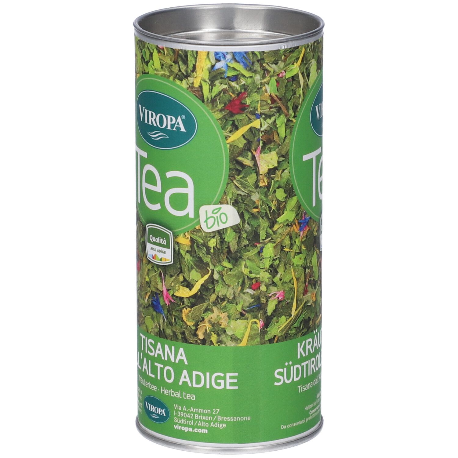 Lattina cilindrica di tisana. Etichetta verde e bianca con logo e testo. Sigillo di qualità biologica.